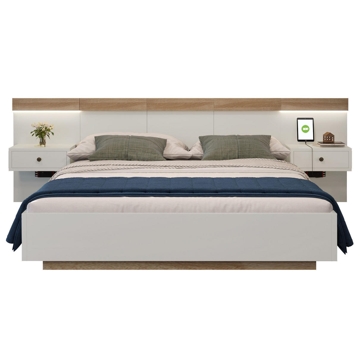 BETT 140/200 cm mit Kopfteil, 2 LED-Nachtkommoden & USB/Typ-C – Sonoma-Eiche/Weiß - Weiß, Holzwerkstoff (140/200cm) - BEAOK