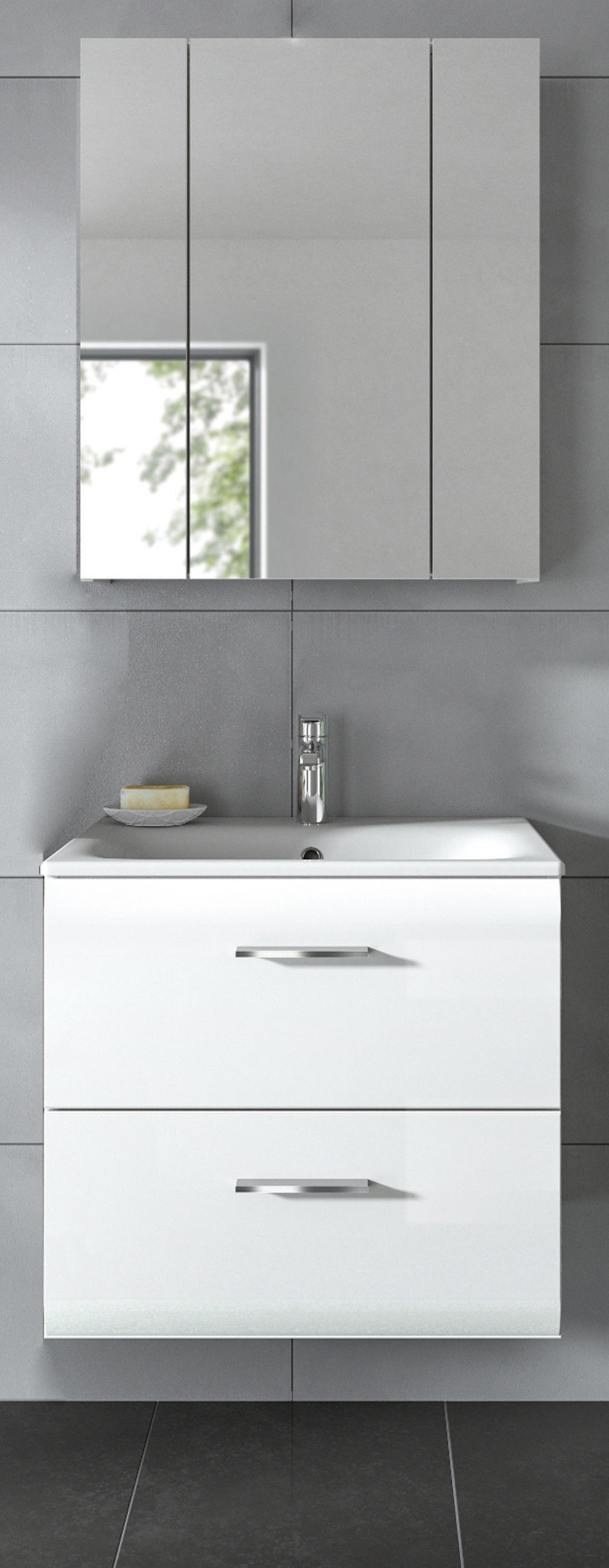 BADMÖBEL SET 2-teilig in weiß Hochglanz inkl. Waschbecken 60 x 185 cm Cover - Weiß Hochglanz/Silberfarben, Holzwerkstoff/Kunststoff (60/185/46cm) - Inn.Furn