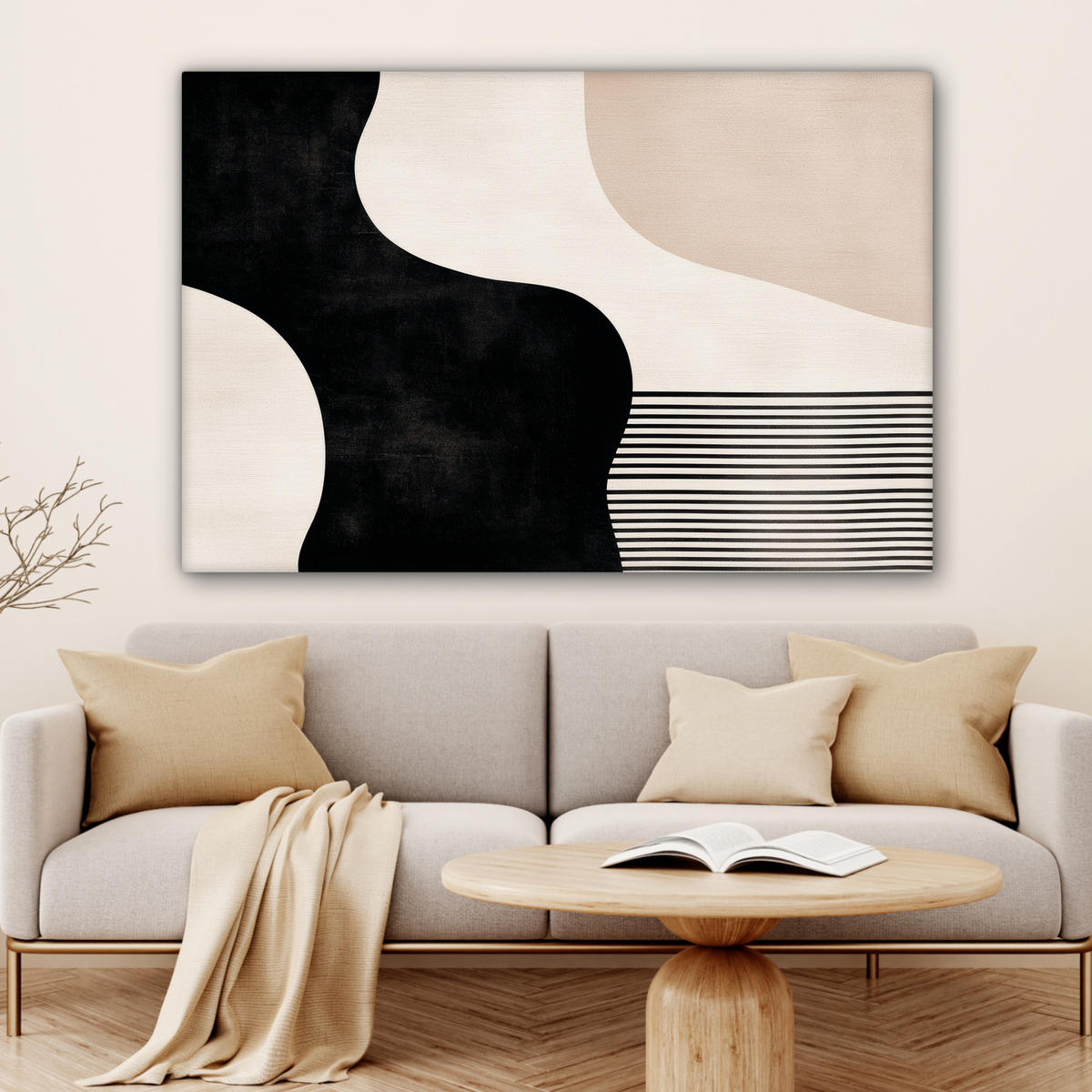 LEINWANDBILD Abstrakt - Japandi - Beige - Modern XXL 150x100 cm - Schwarz, Textil (150/100cm) - MuchoWow