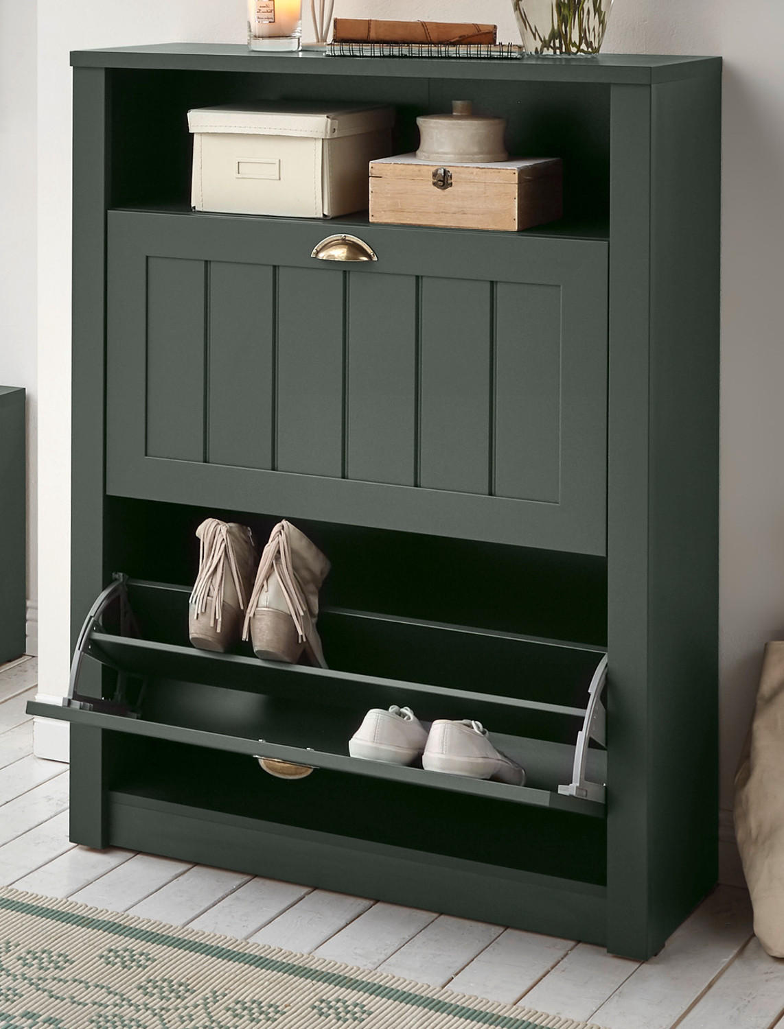 SCHUHSCHRANK grün, Landhausstil, Flur Schuhkipper 80 x 112 cm - Dunkelgrün/Goldfarben, Holzwerkstoff/Kunststoff (80/112/36cm) - Furn.Design