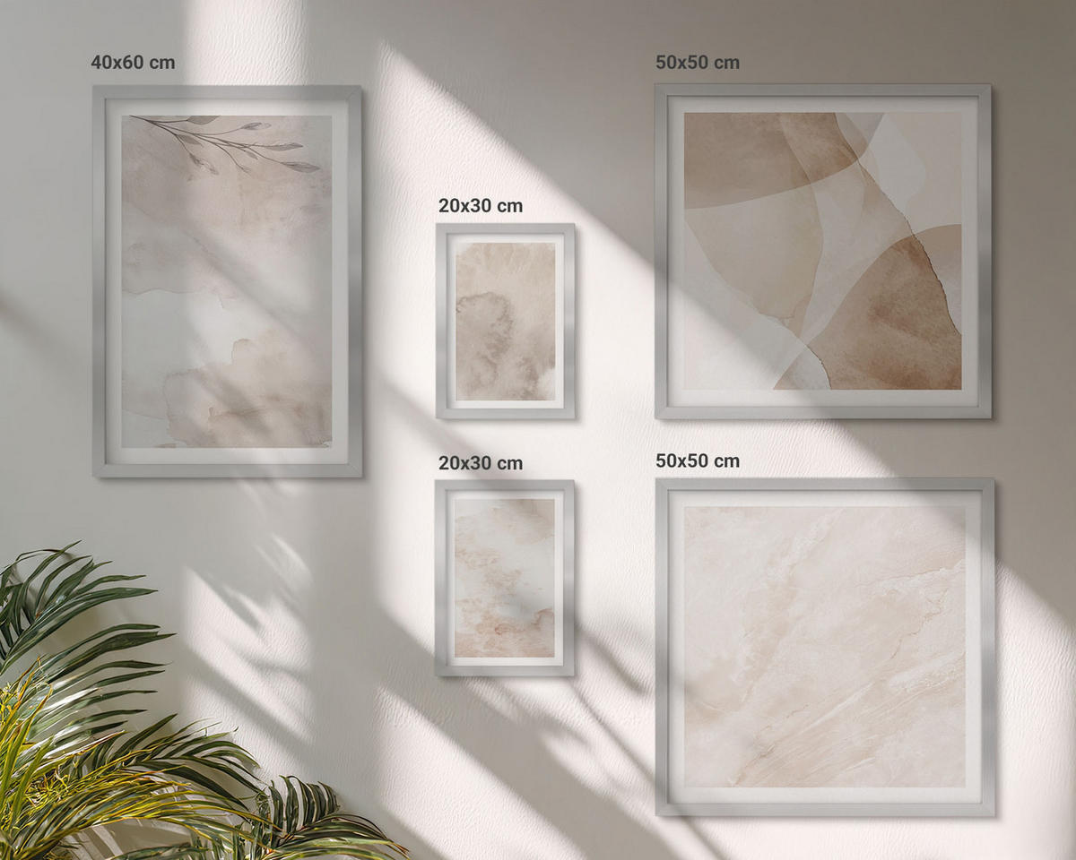 WANDBILDER 5er Set - 50x50 cm & 20x30 cm & 40x60 cm Silberner Rahmen - Aquarellfarben, Boho-Texturen - Silberfarben, Kunststoff (40/60cm) - ArtPrintCave