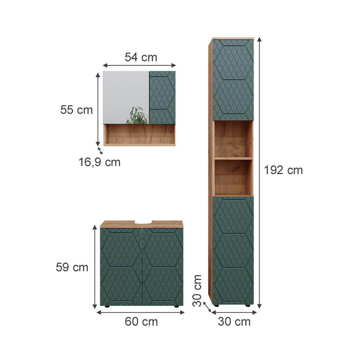 BADMÖBEL-SET Irma Grün 3 Teile, mit Hochschrank - Eiche Wotan/Grün, Holzwerkstoff (80/58.6/41cm) - Vicco