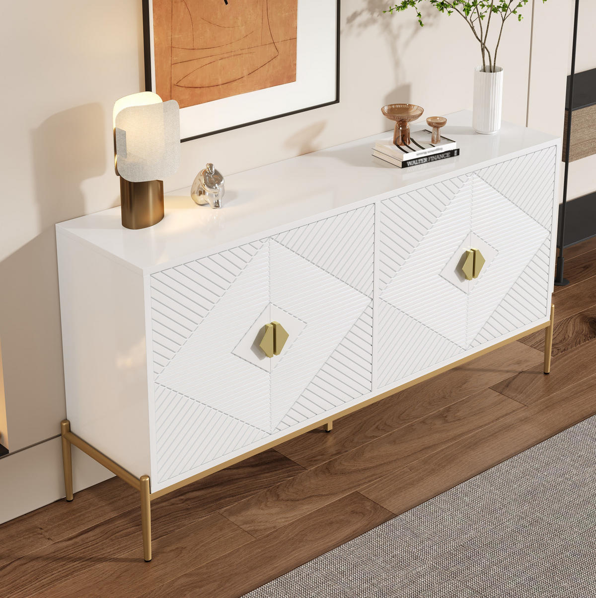 SIDEBOARD 162/40/80 cm in Weiß mit 4 Türen und goldfarbenen Metallakzenten - Weiß, Holzwerkstoff (162/80/40cm) - BEAOK