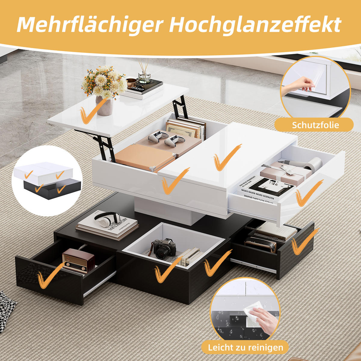 COUCHTISCH 70x70x40 cm Weiß Schwarz Drehbar 3 Schubladen Lift - Multicolor, Holzwerkstoff (70/70/40cm)