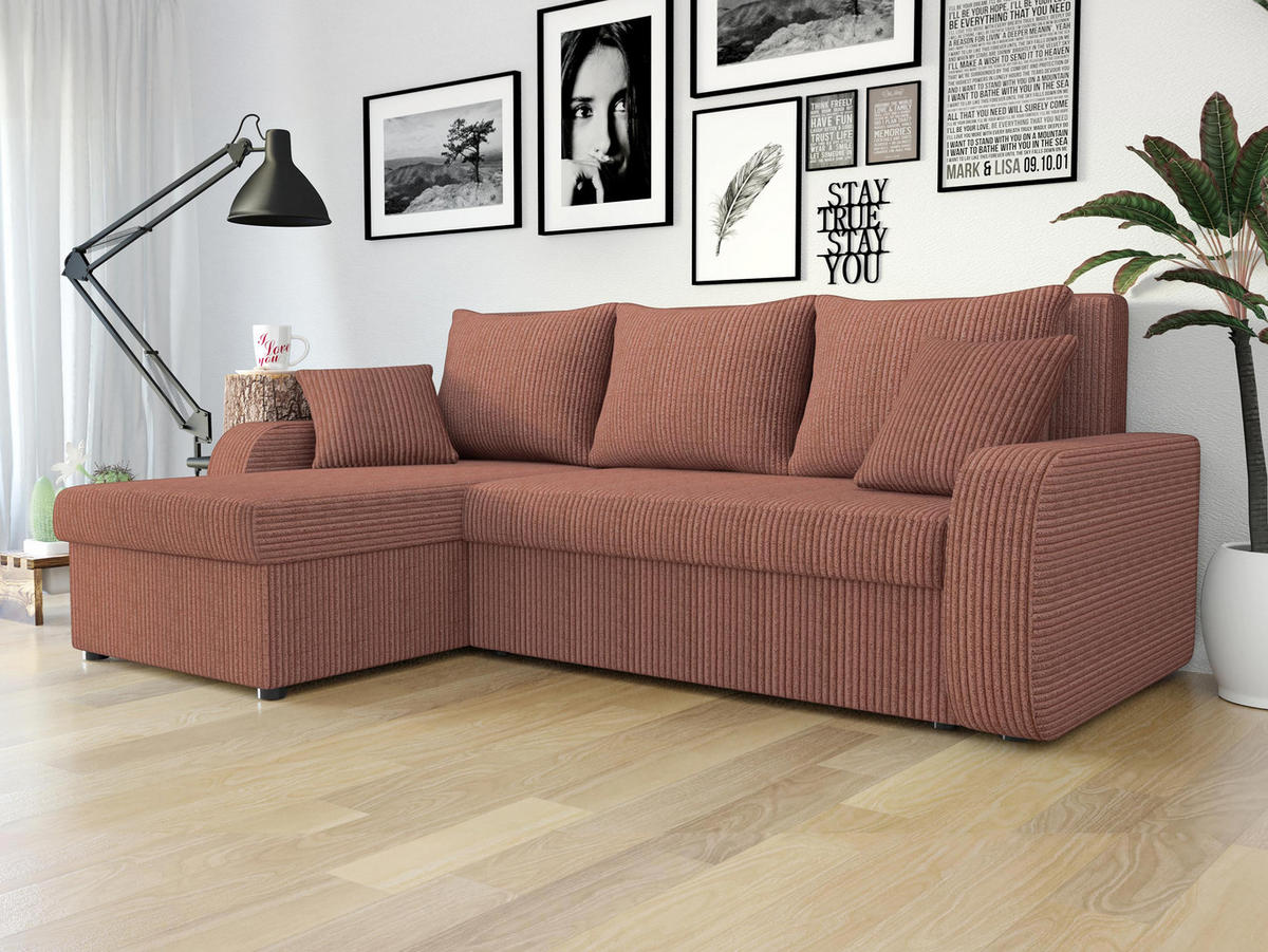 ECKSOFA Kris Cord - Dunkelrosa/Schwarz, Holz/Kunststoff (238/147cm) - MIRJAN24