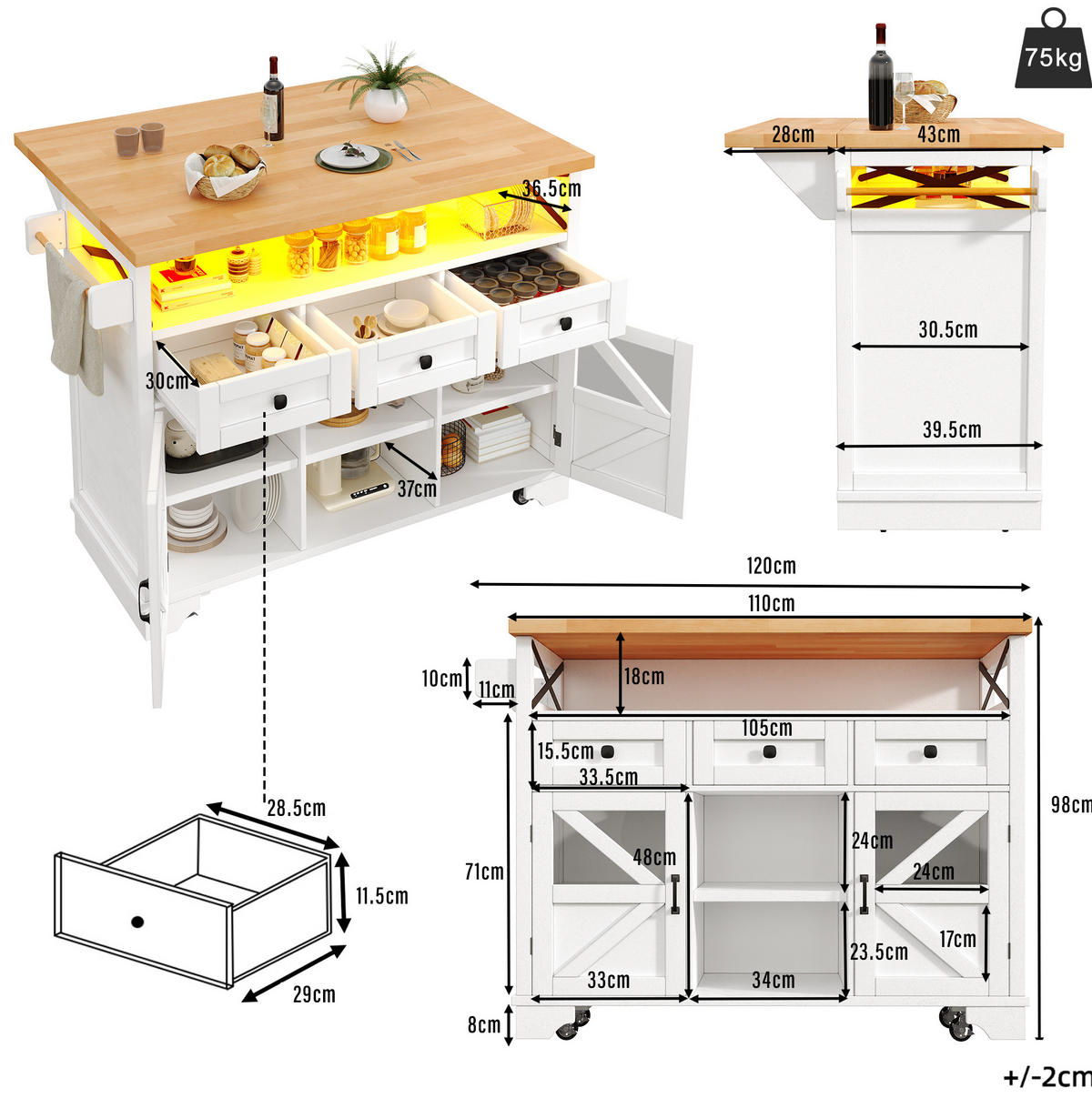 KÜCHENWAGEN 120/71/98 cm in Weiß mit Klapptisch und LED-Beleuchtung - Weiß, Holzwerkstoff (120/98/43cm) - Flora Grace