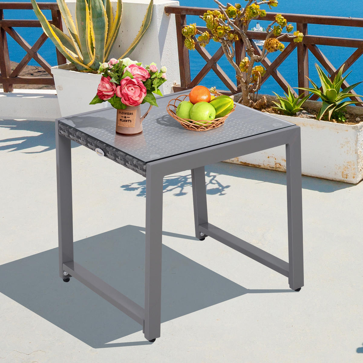 GARTENTISCH DE-06678 mit Hartglas & Polyrattan Grau - Grau, Glas/Kunststoff (50/495/50cm) - ComfortXL