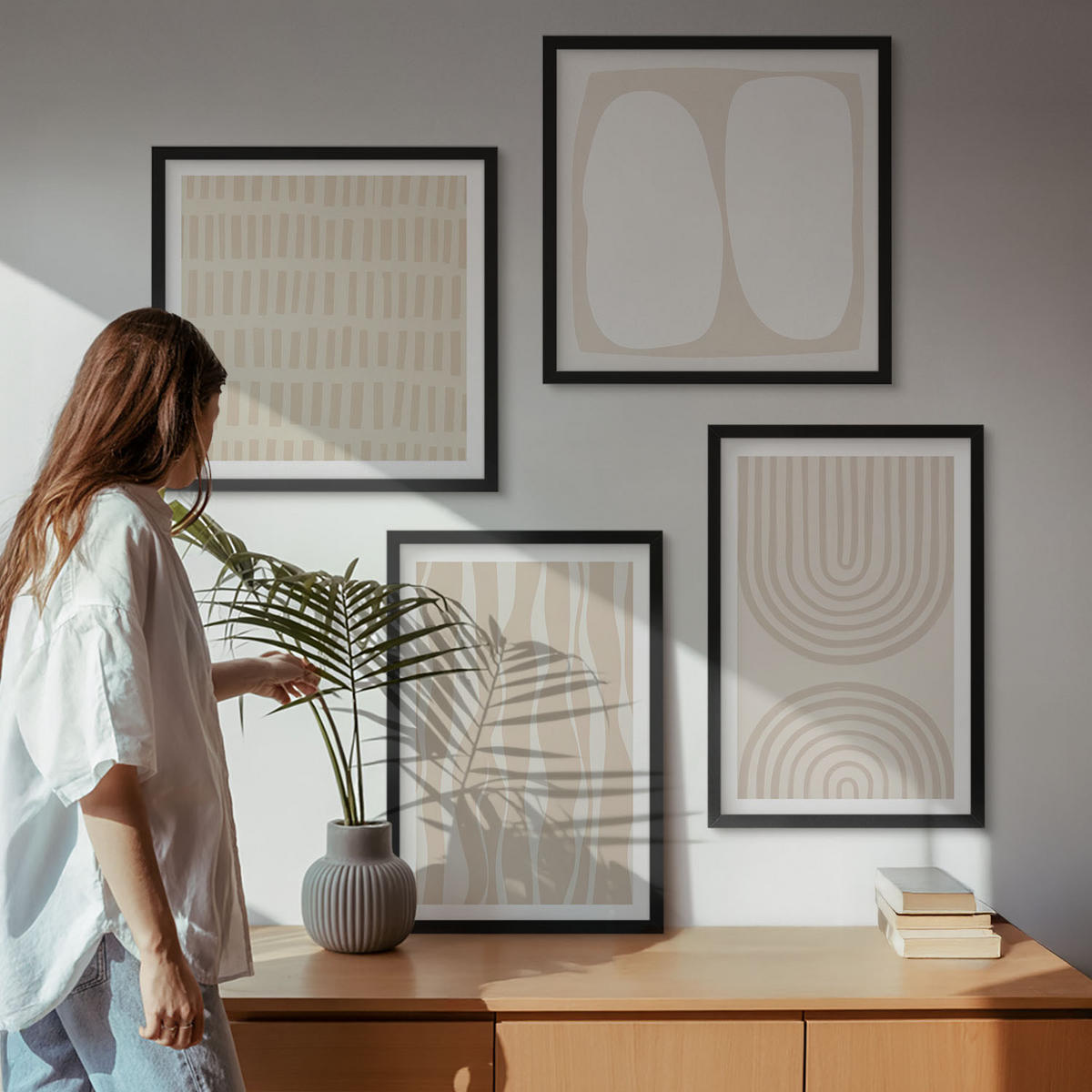 WANDBILDER 4er-Set - 50x50 cm & 40x60 cm Schwarzer Rahmen - Abstrakte Boho-Musterformen - Schwarz, Kunststoff (50/50cm) - ArtPrintCave
