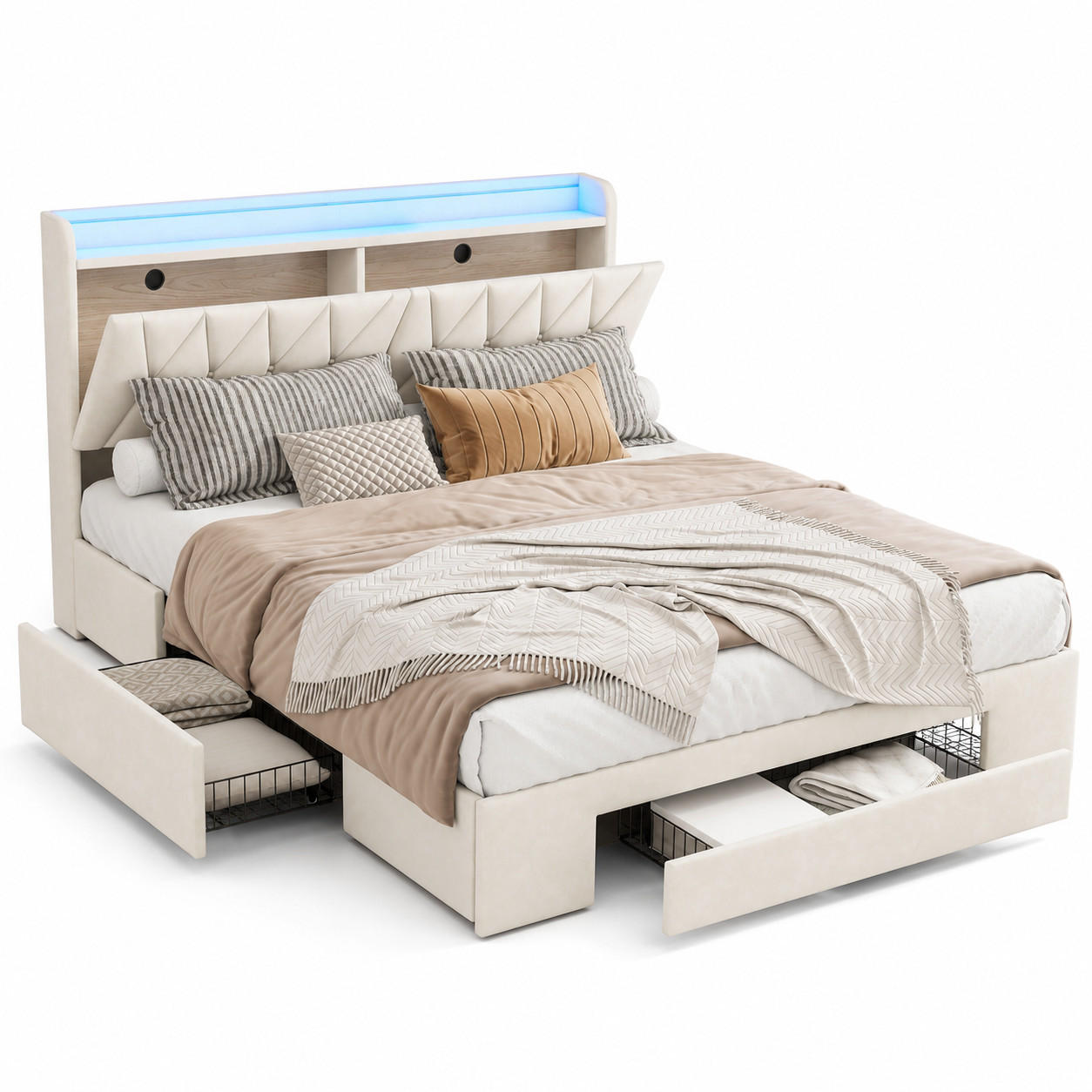POLSTERBETT 140/200 cm mit Schubkasten‑Stauraum, LED‑Beleuchtung & USB‑Anschluss, Chesterfield‑Samtkopfteil - Beige, Holz/Metall (140/200cm) - Joyfair