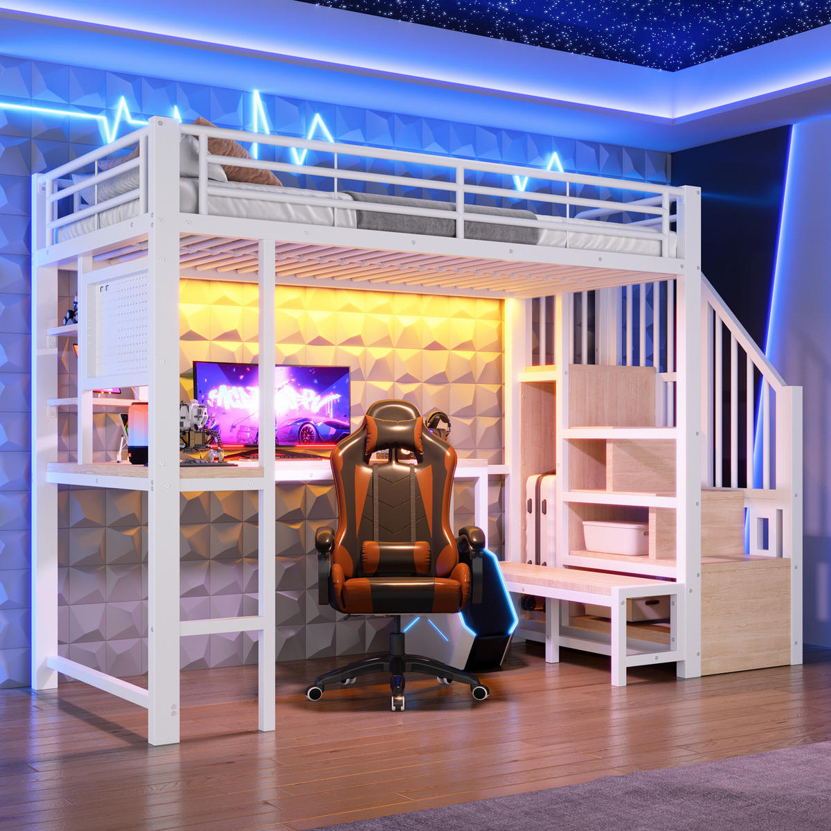 HOCHBETT Metall/MDF 90x200 cm Weiß mit Schreibtisch, Stauraumtreppe, Regalen, Lochwand, LED & USB - Weiß, Holzwerkstoff (90/200cm) - Modfu