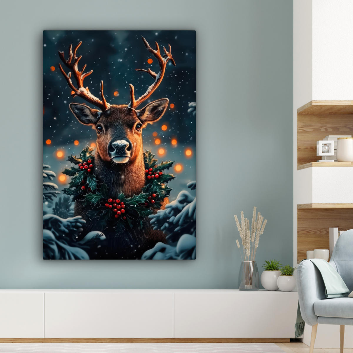 LEINWANDBILD Hirsch - Weihnachten - Winter - Schnee - Weihnachtskranz Deko Groß 90x140 cm - Dunkelbraun, Textil (90/140cm) - MuchoWow
