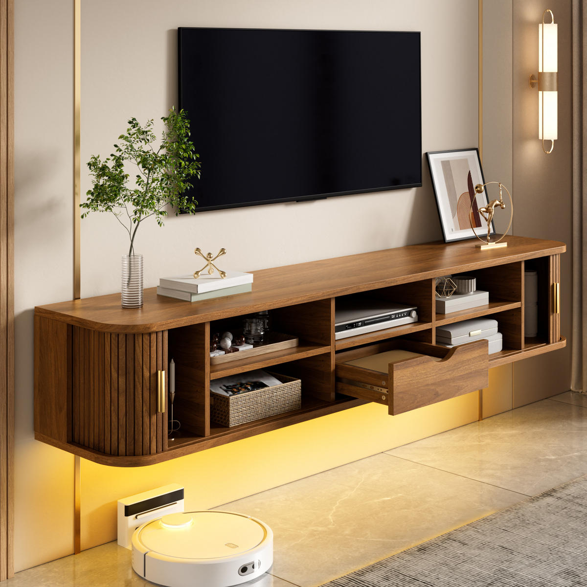 TV-BOARD Wandhängend MDF LED Rillenoptik Wohnzimmer - Walnussfarben, Holzwerkstoff (175/30/30cm) - FLIEKS