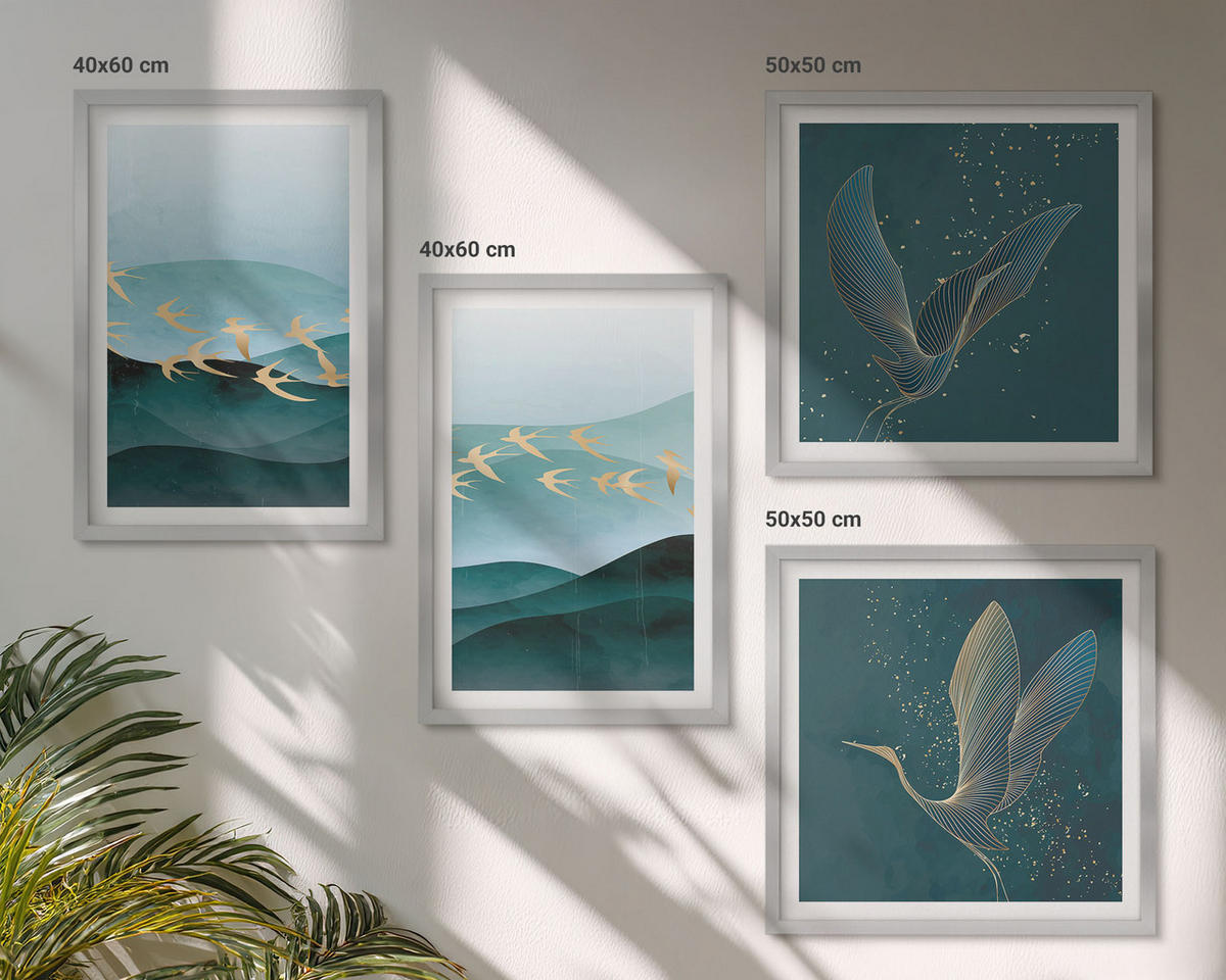 BILDER SET 4er Set - 50x50 cm & 40x60 cm Silberner Rahmen - Abstrakte Landschaften von Vogelwellen - Silberfarben, Kunststoff (50/50cm) - TULUP