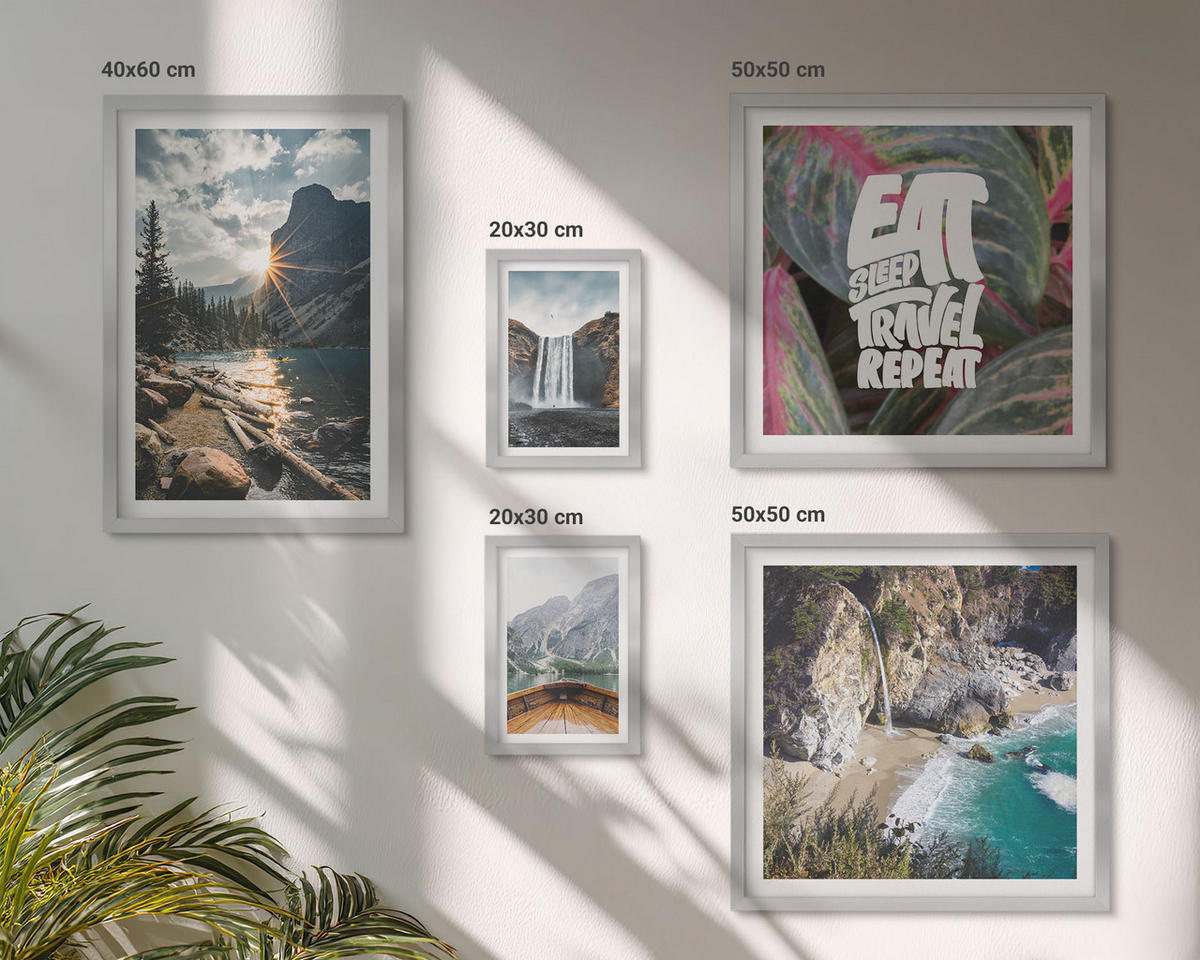 WANDBILDER 5er Set - 50x50 cm & 20x30 cm & 40x60 cm Silberner Rahmen - Wasserfall Bergreise Natur - Silberfarben, Kunststoff (40/60cm) - ArtPrintCave