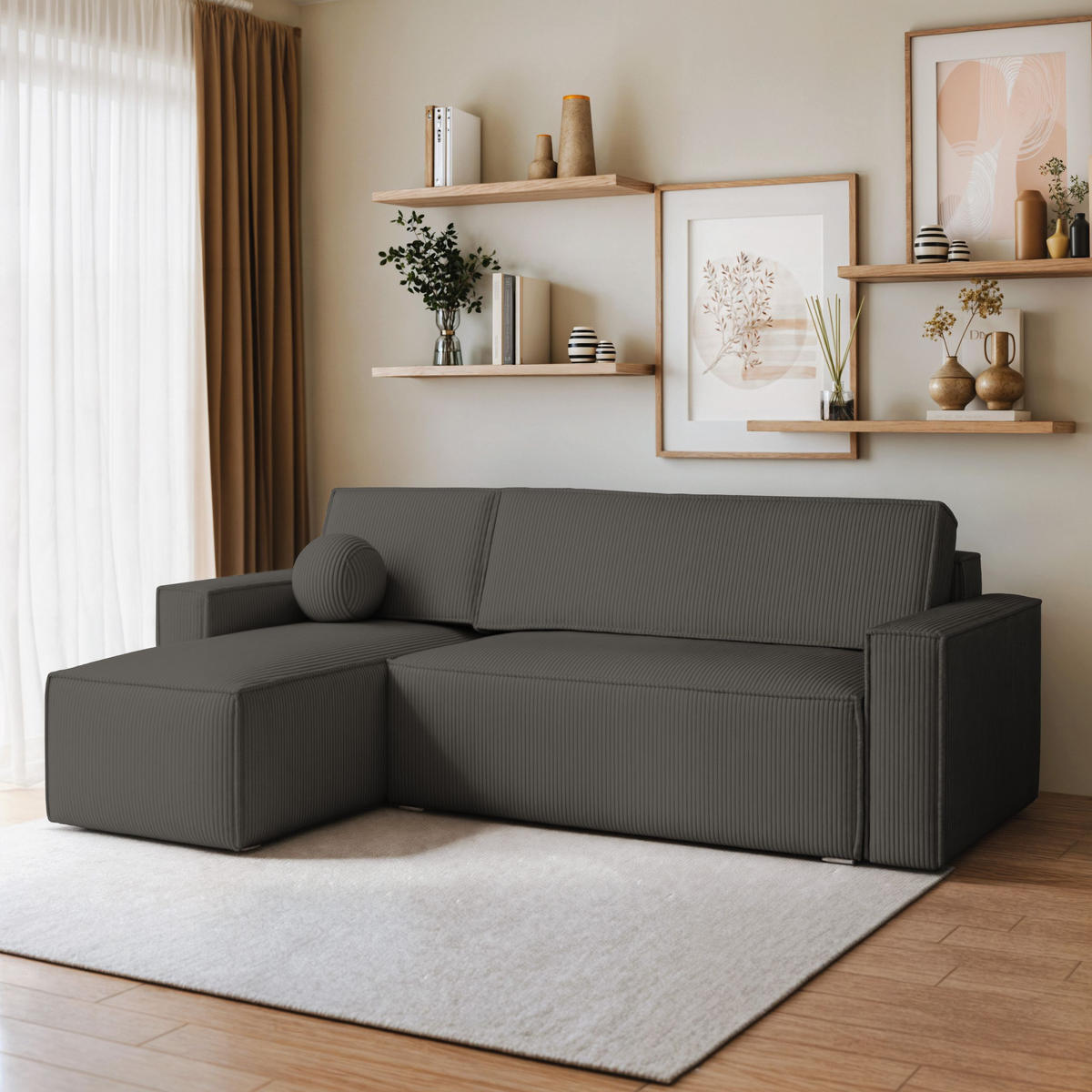 ECKSOFA RAVELO P Graphitfarben Kordstoff mit Schlaffunktion - Graphitfarben, Holz (240/140cm) - MASSENO