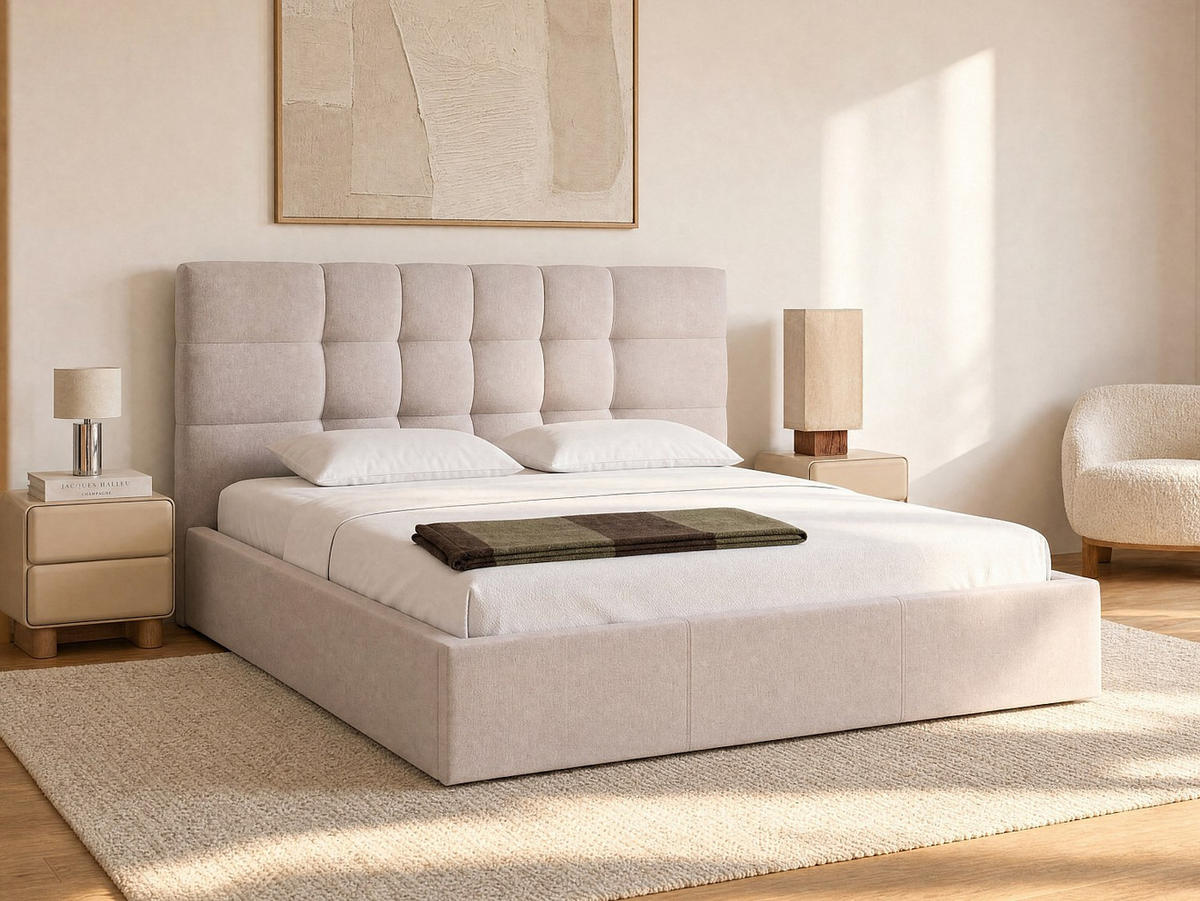 BETT mit Bettkasten - 2 Personen - Stoff - Beige - Beige, Textil (200/200cm) - Vente-Unique