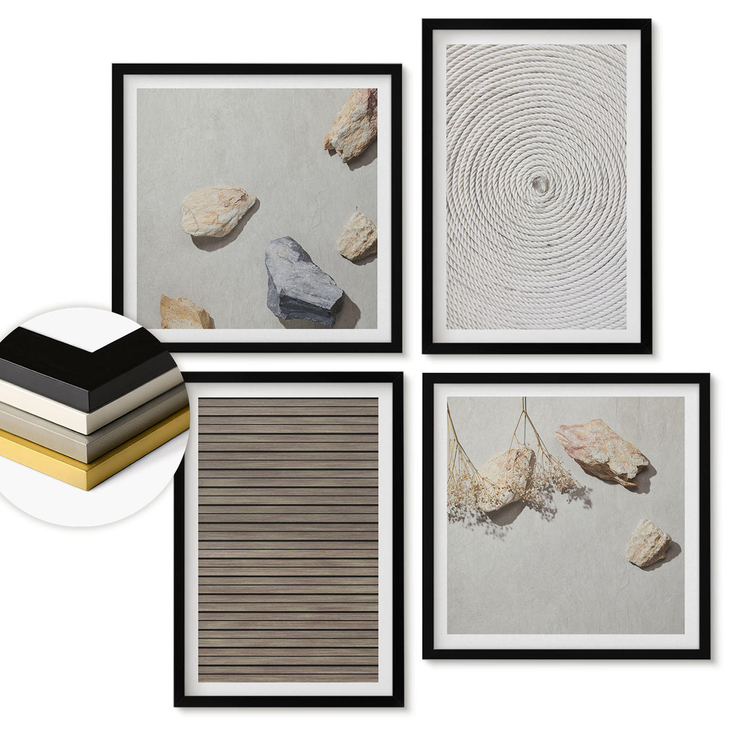 WANDBILDER 4er-Set - 50x50 cm & 40x60 cm Schwarzer Rahmen - Natürliche Texturen Holz Steine - Schwarz, Kunststoff (50/50cm) - ArtPrintCave