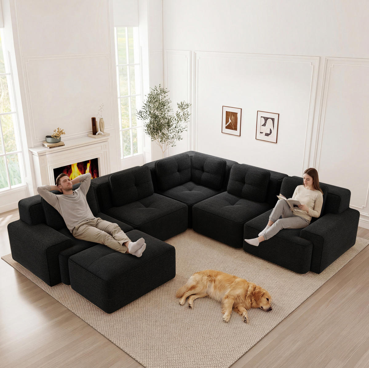 ECKSOFA modular ohne Gestell Cord Schwarz - Schwarz, Kunststoff (295/295cm) - Meubliv