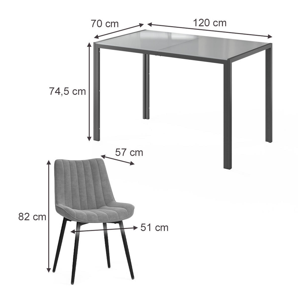 JÍDELNÍ STŮL SESTAVA Grand, Šedá, 120 x 70 cm se 4 židlemi (šedé) - šedá, sklo (120/74.5/70cm) - Vicco