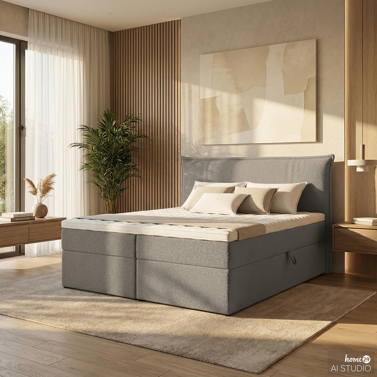 BOXBETT mit Stauraum - Bouclé - Grau, Holzwerkstoff/Textil (180/200cm) - home24