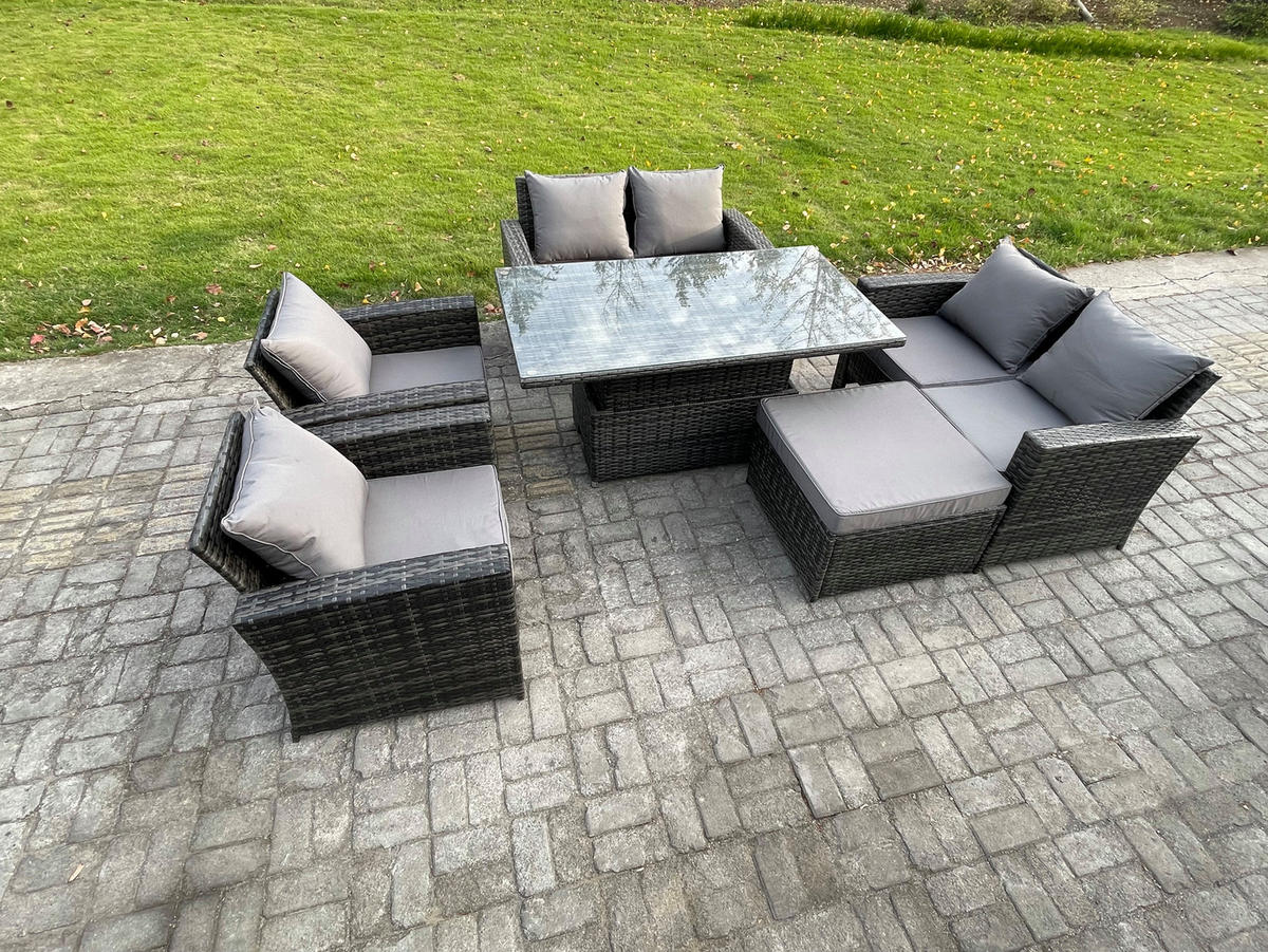 GARTENSET Polyrattan Dunkelgrau 7-Sitzer - Dunkelgrau, Metall - Fimous