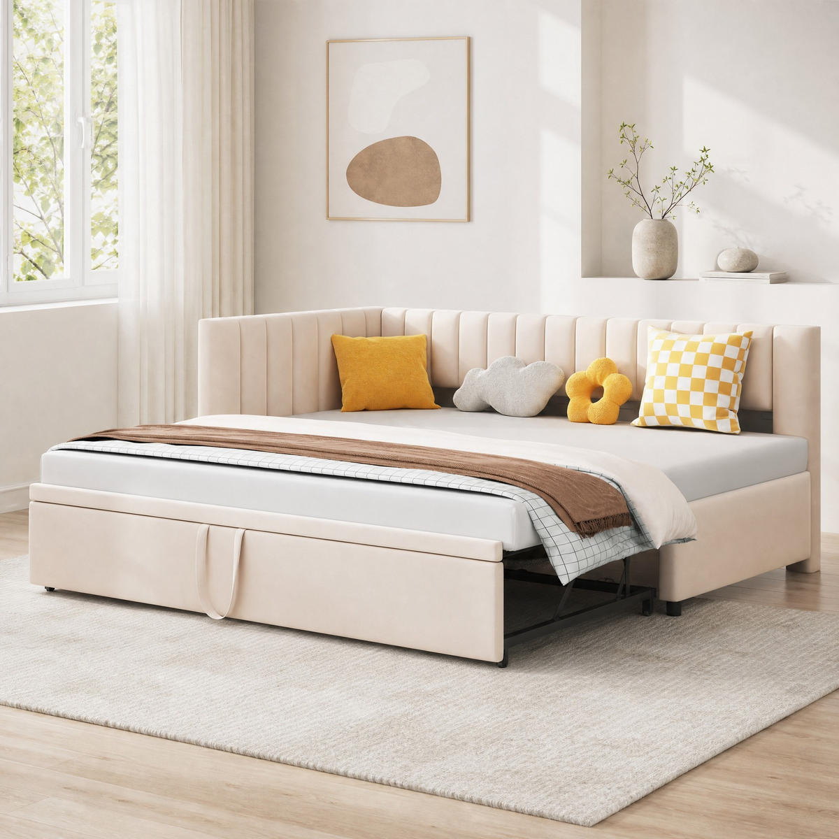 POLSTERBETT 90/200 mit Ausziehbett und Schlaffunktion in Beige - Beige, Holzwerkstoff/Textil (90/200cm) - EVRYAE