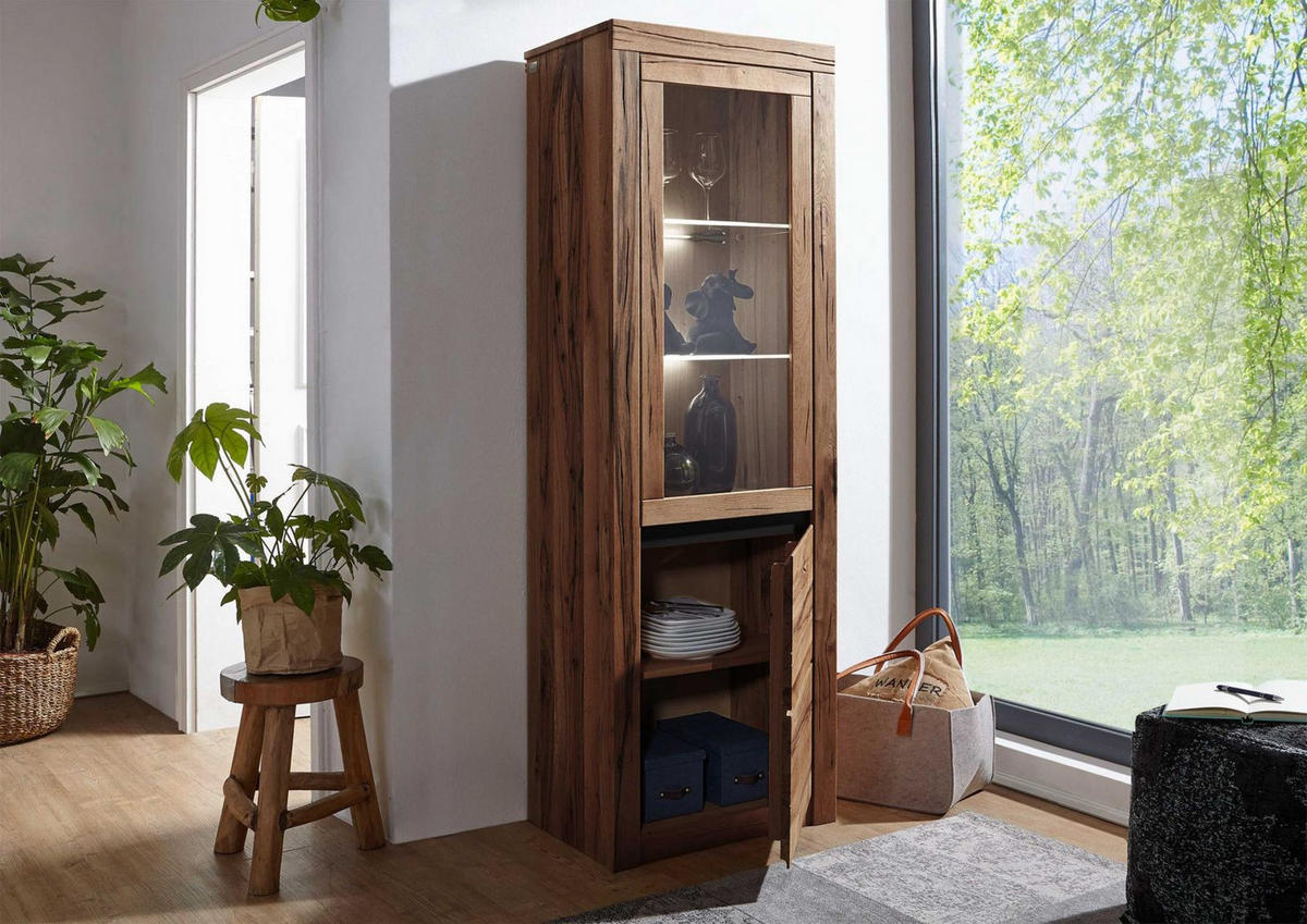 VITRINE Wild-/Zerreiche 62x42x191 Tabacco brown geölt MONTREUX #320 - Braun, Holz (62/191/42cm) - Massivmoebel24