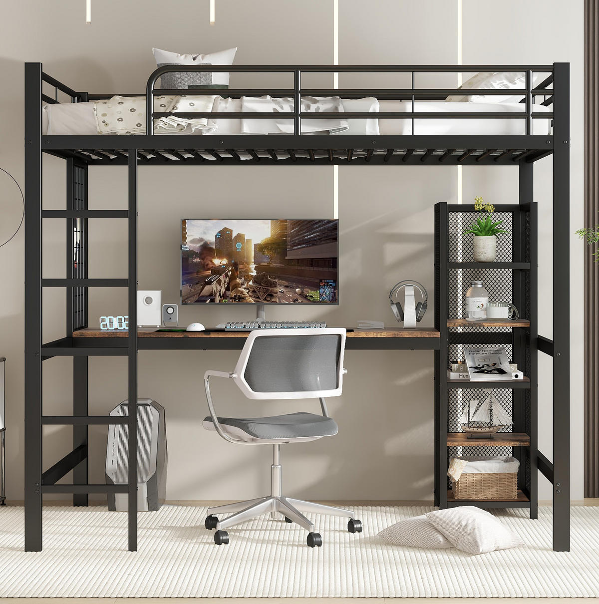 HOCHBETT 90/200 cm mit Schreibtisch und Stauraum in Schwarz/Dunkelholz - Schwarz, Holzwerkstoff (90/200cm) - BEAOK