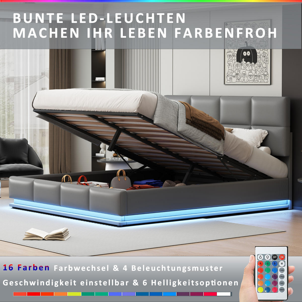 POLSTERBETT 180x200 cm LED Stauraum grau - Graphitfarben, Kunststoff (180/200cm) - LEBENLANG