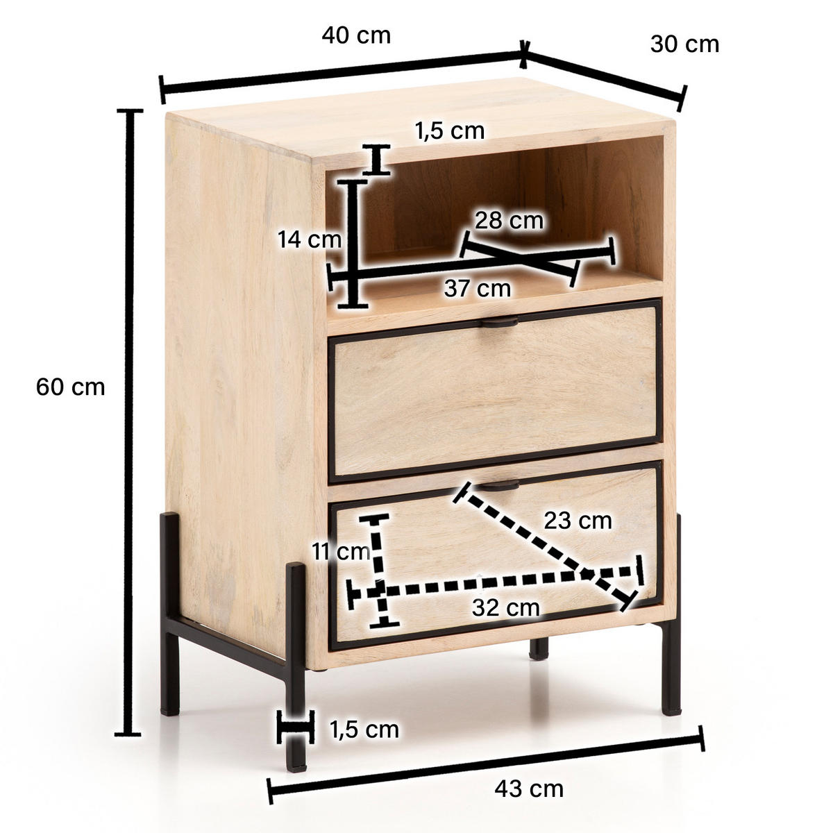 NACHTTISCH – Mango Massivholz/Metall, 43x60x30 cm, 2 Schubladen, braun - Schwarz/Braun, Holz/Metall (43/60/50cm) - KADIMA DESIGN