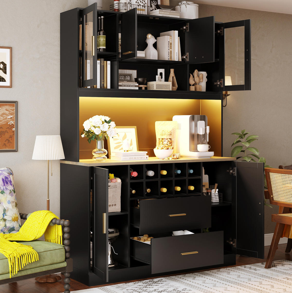 ANRICHTESCHRANK mit LED und Steckdose 120 x 36,3 x 180 cm Schwarz - Schwarz, Metall (36.3/180/120cm) - Meubliv