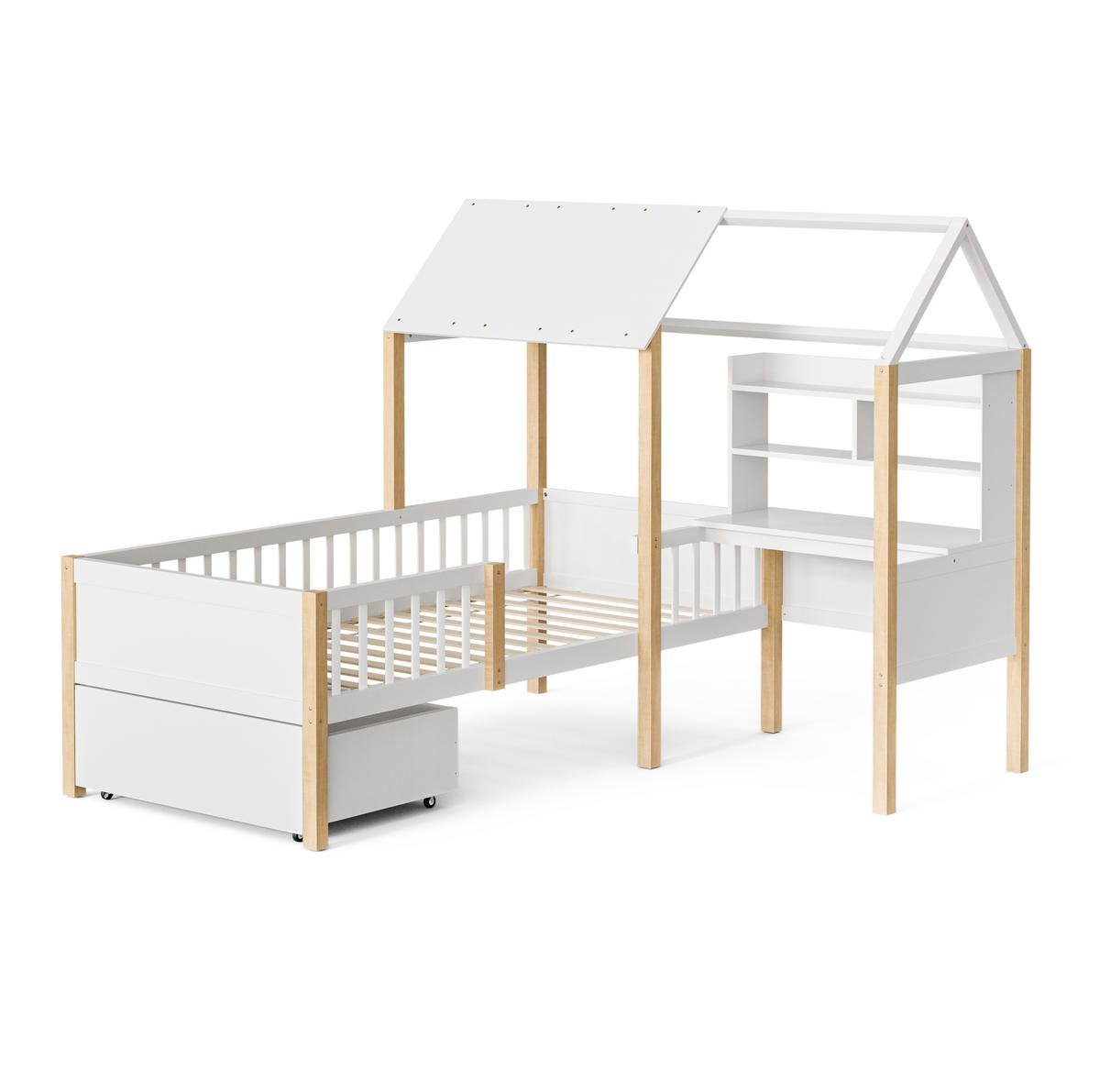 HAUSBETT 90/200 cm in Weiß mit Schreibtisch, Regal und Stauraum - Weiß, Holz (90/200cm) - Flora Grace