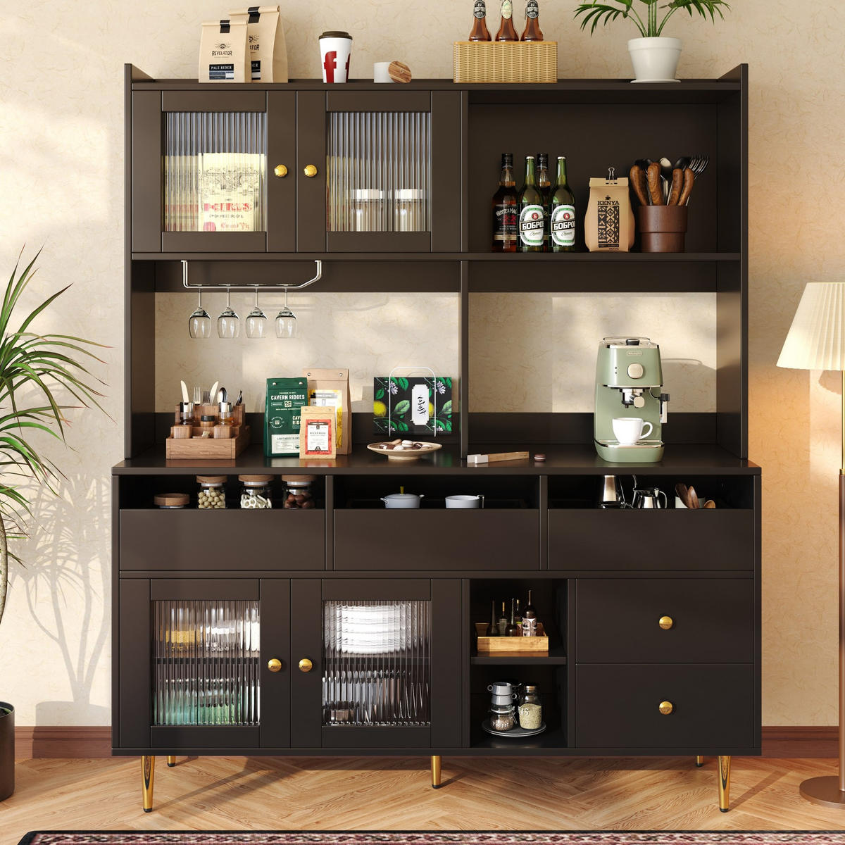 HOCHSCHRANK mit Glastüren und Weinregal 145 x 39 x 171 cm Schwarz - Schwarz, Holzwerkstoff (39/171/145cm) - Meubliv