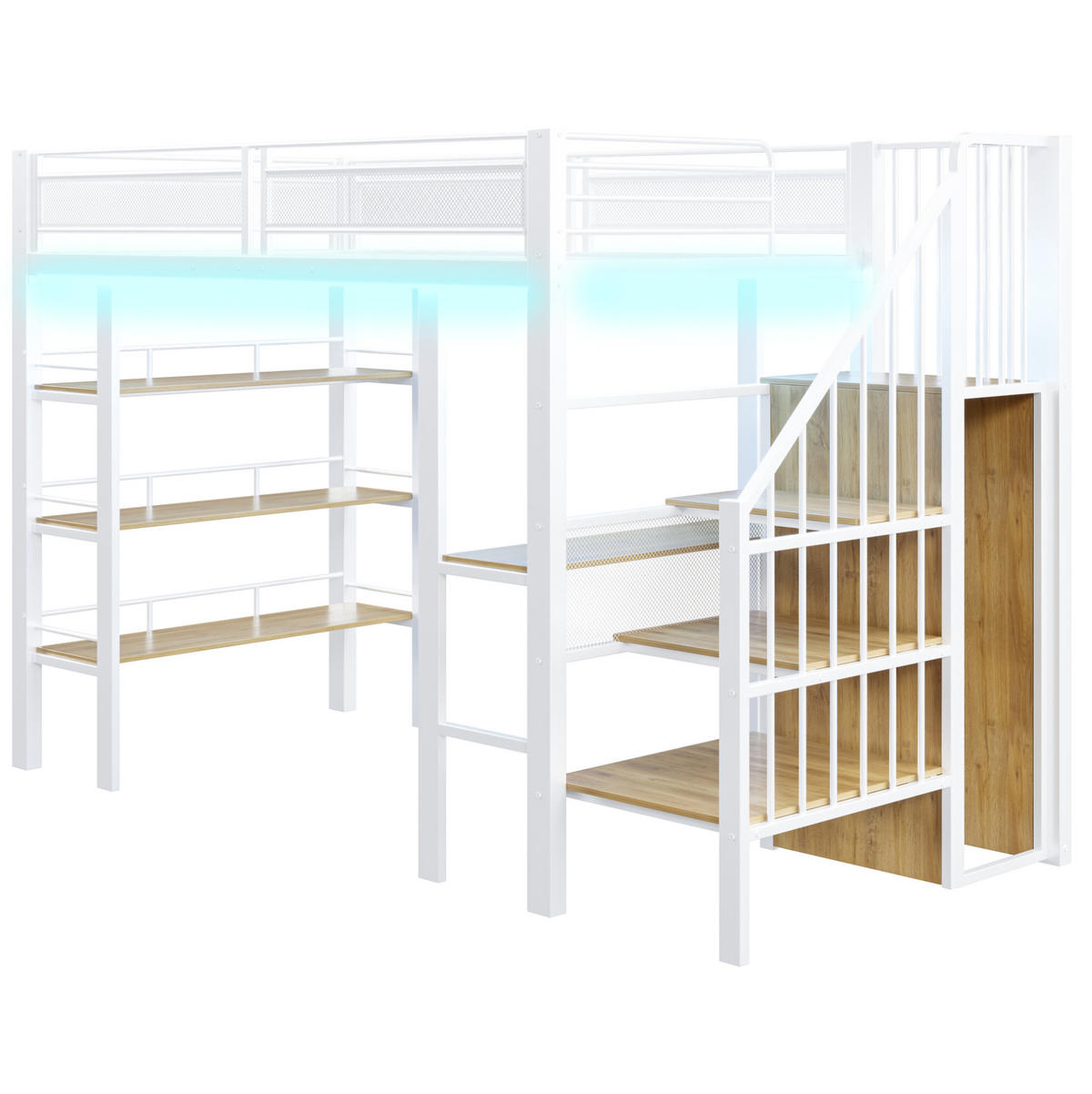 VISOKA postelja 90/200 cm bela z mizo, policami in garderobno omaro iz kovine - bela, leseni material (90/200cm) - OKWISH