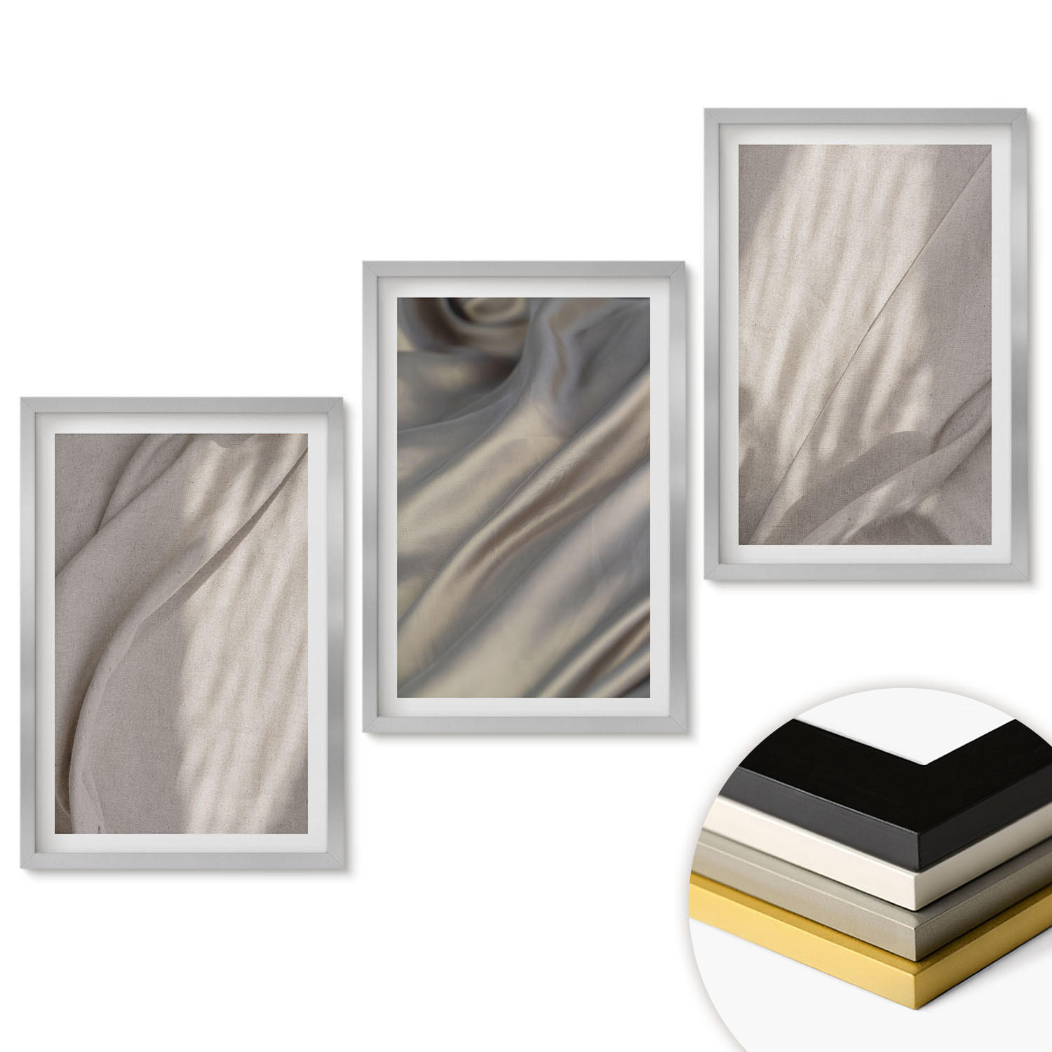 WANDBILDER 3er Set - 40x60 cm Silberner Rahmen - Nahaufnahme von natürlichen Boho-Stoffen - Silberfarben, Kunststoff (40/60cm) - ArtPrintCave