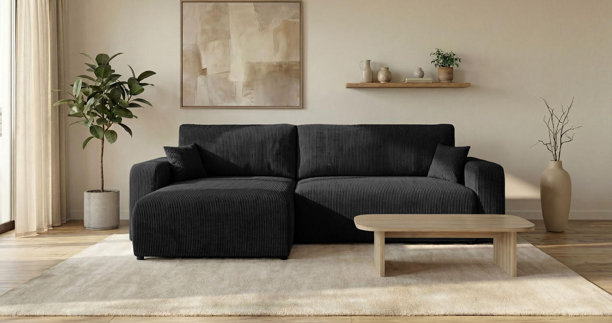 ECKSOFA BERLIN links schwarz Cord Poso 135 - Schlaffunktion, Bettkasten - Schwarz, Textil (285/185cm) - Cornero