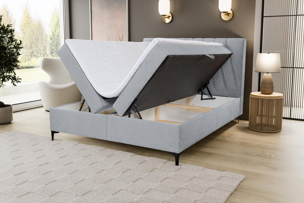 BOXBETT CAPRI mit 2 Bettkästen, Maße: 160x200 cm, Farbe: Grau, Velourstoff, mit Bonell-Matratze inkl. Topper - Grau, Holz/Kunststoff (160/200cm) - VENASI MÖBEL