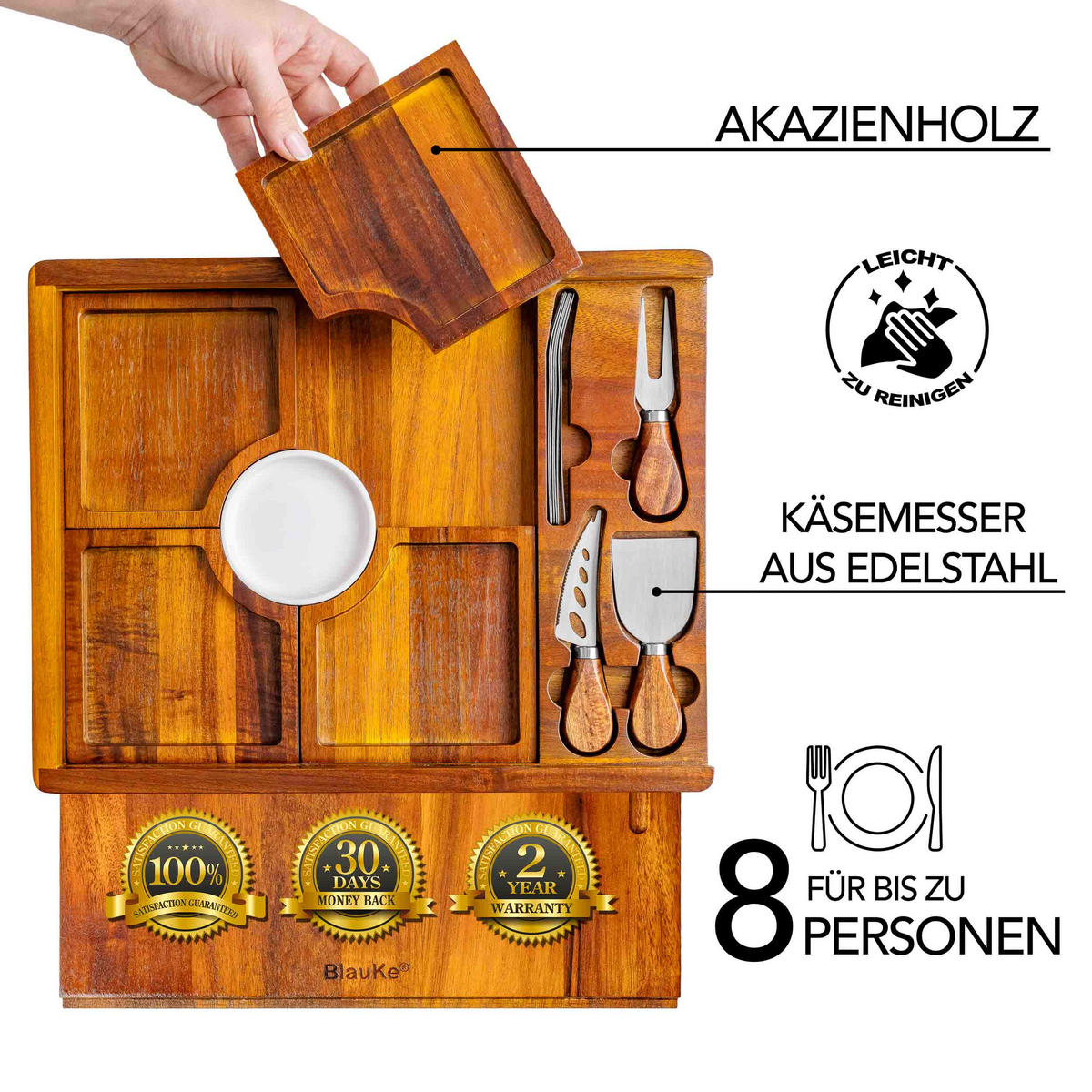 KÄSEBRETT mit Käsemesser Set 30x38cm (Akazienholz) - Beige, Holz (30/38cm) - BlauKe