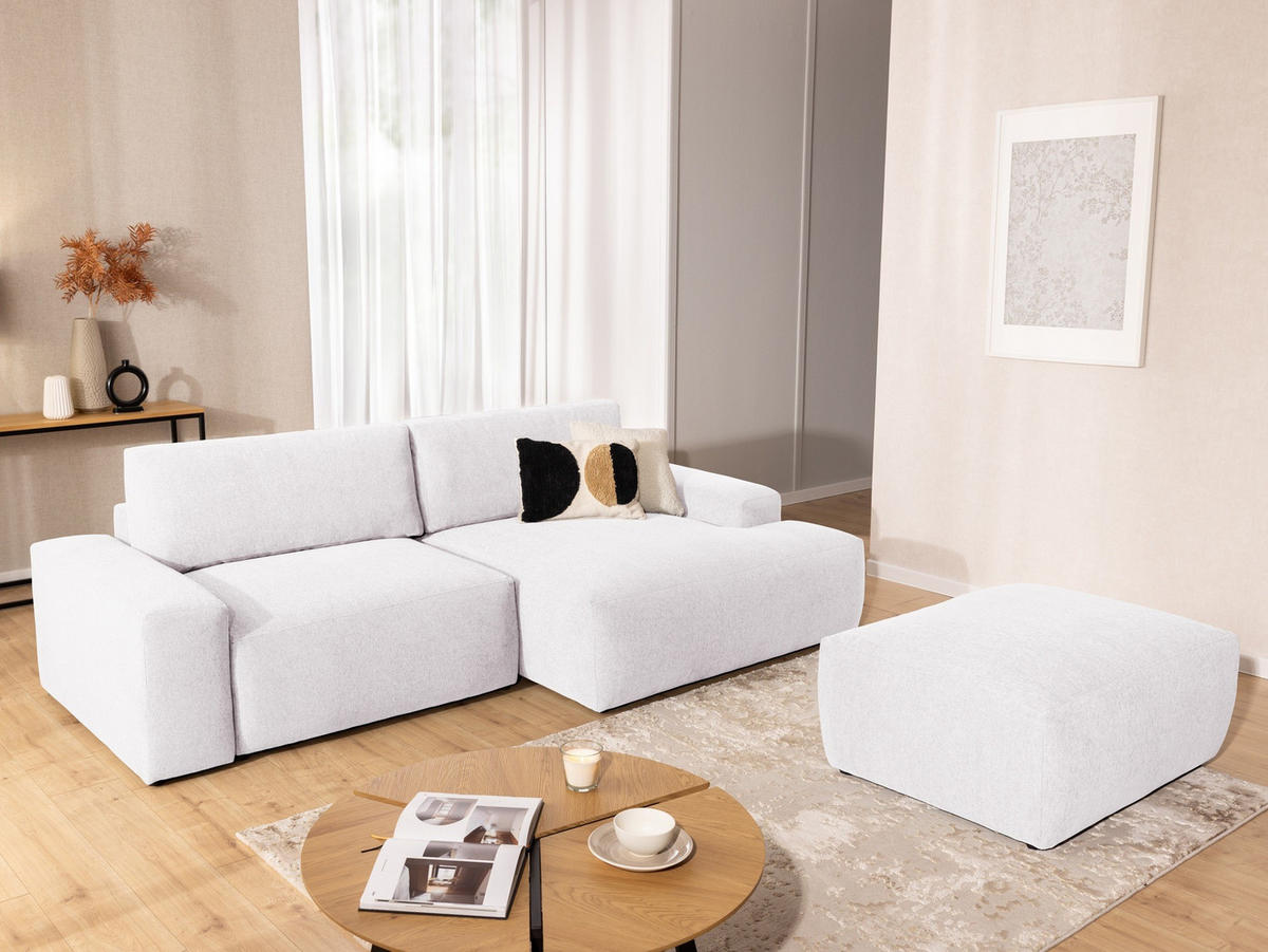ECKSOFA inkl. Hocker Lennon aus Creme Strukturstoff mit Schlaffunktion und Bettkasten - Creme/Schwarz, Holz/Kunststoff (264/137cm) - S-Style