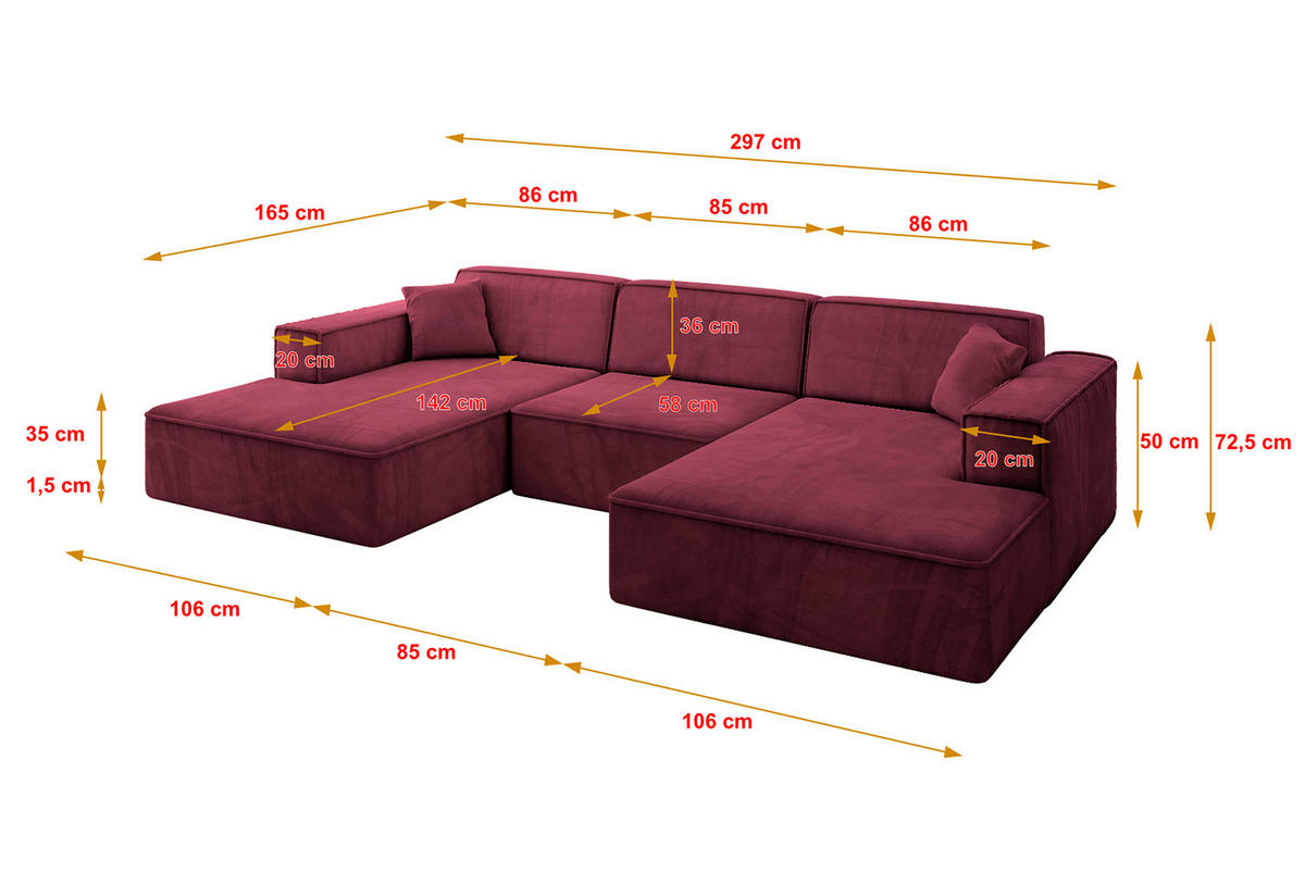 WOHNLANDSCHAFT IREA-U1-v4 - 297x165x72,5 cm Bordeauxrot - Bordeaux, Holzwerkstoff/Textil (297/72/165cm) - ALTDECOR