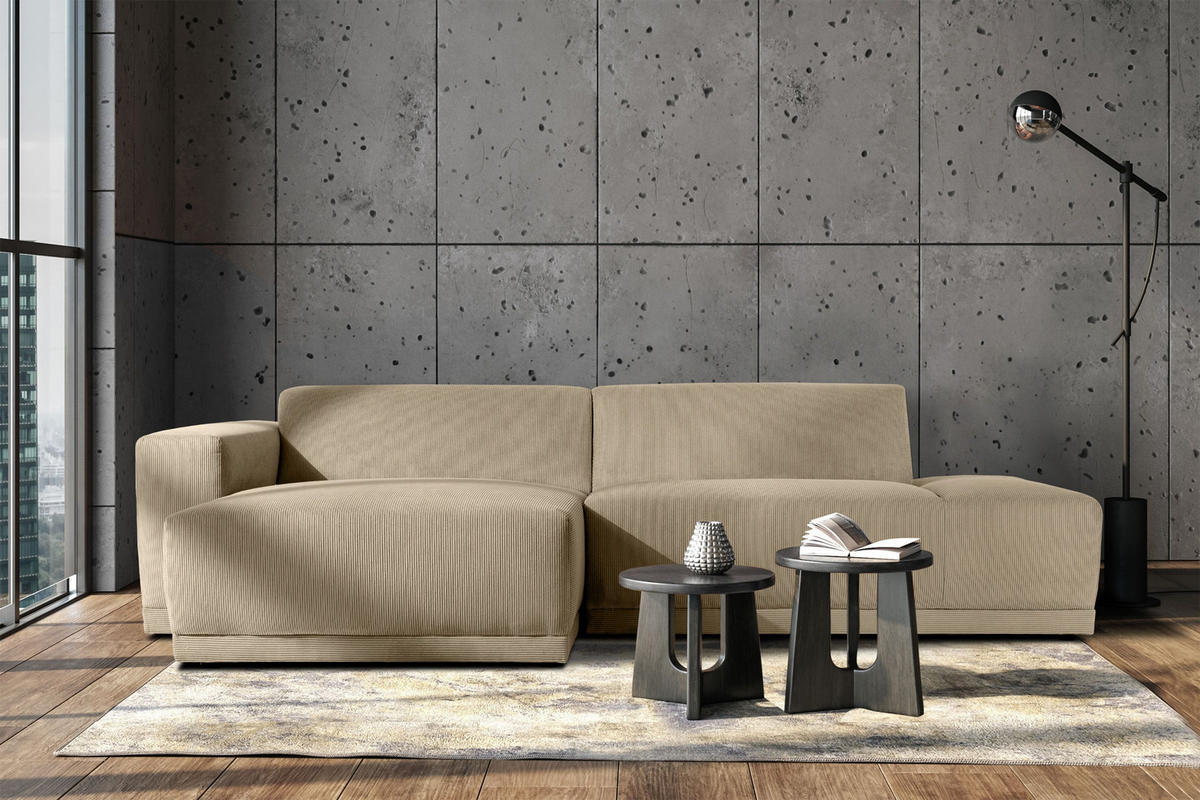ECKSOFA-LINKS MUDI in moderner Optik mit hochwertigem Kaltschaum, Cord-Stoff, beige - Beige/Schwarz, Textil (280/160cm) - KONSIMO®