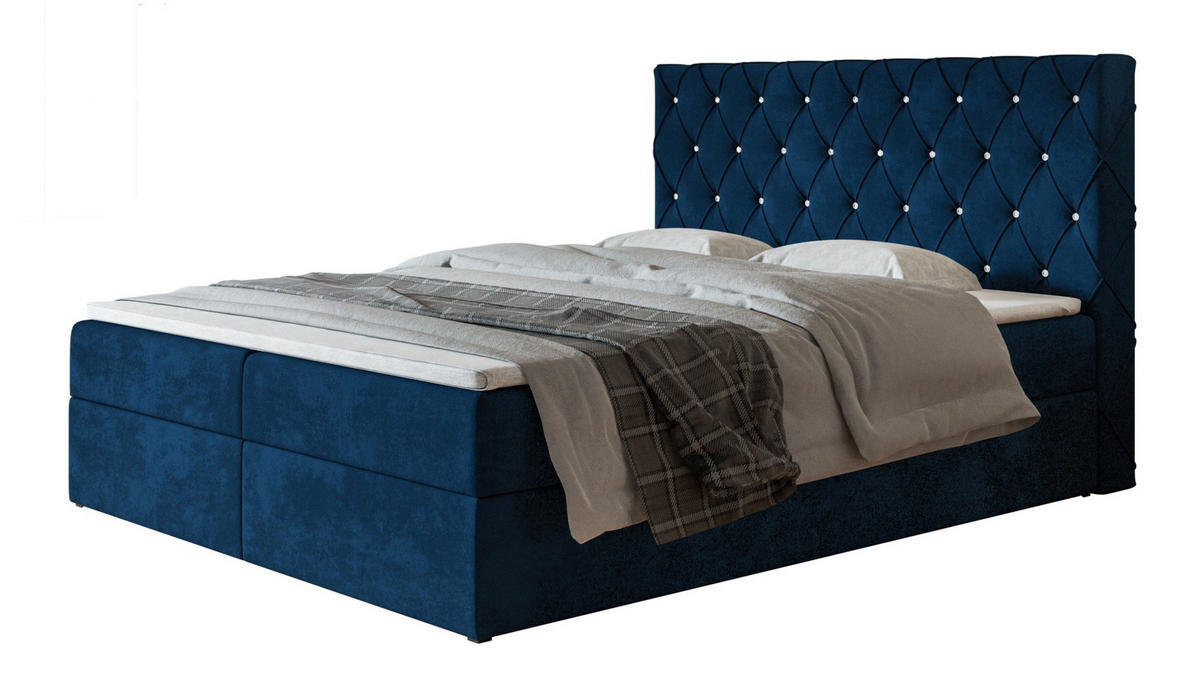 BOXBETT BOSTON mit 2 Bettkästen, 160x200, Farbe: Dunkelblau, Velourstoff, Doppelbett mit Bonell-Matratze - Dunkelblau, Holz/Kunststoff (160/200cm) - Alpi-Möbel