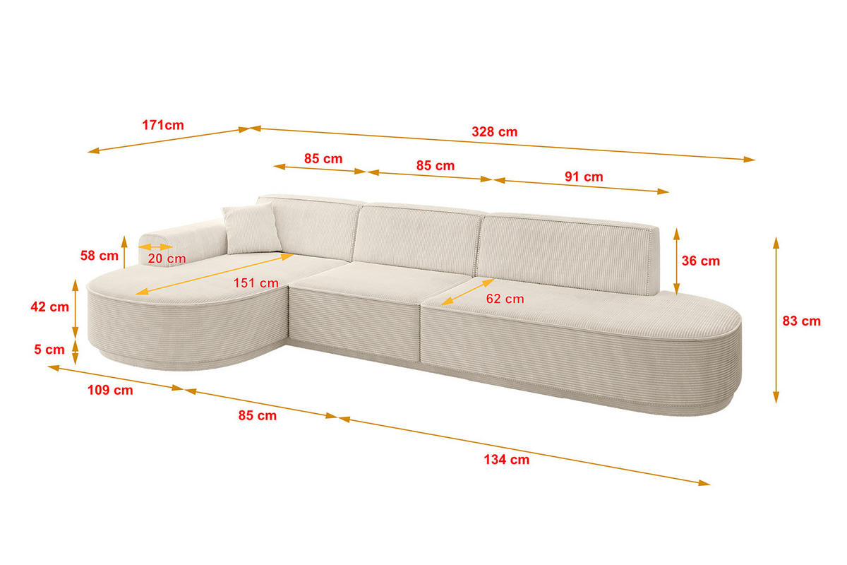 ECKSOFA Ottomane Links MARI-L2-v3 - 328x171x83 cm Beige Cord - Beige/Schwarz, Holzwerkstoff/Kunststoff (328/171cm) - ALTDECOR