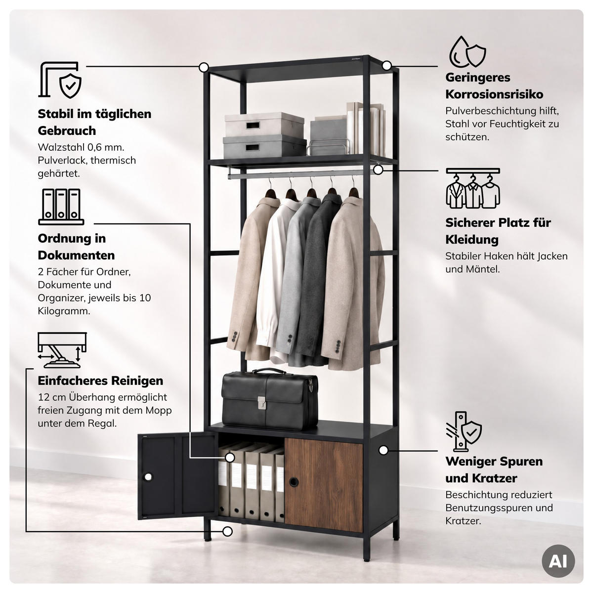 OFFENES Büroregal ARIEL 80 × 220 × 40 cm - Anthrazit/Nussbaumfarben, Metall (80/220/40cm)