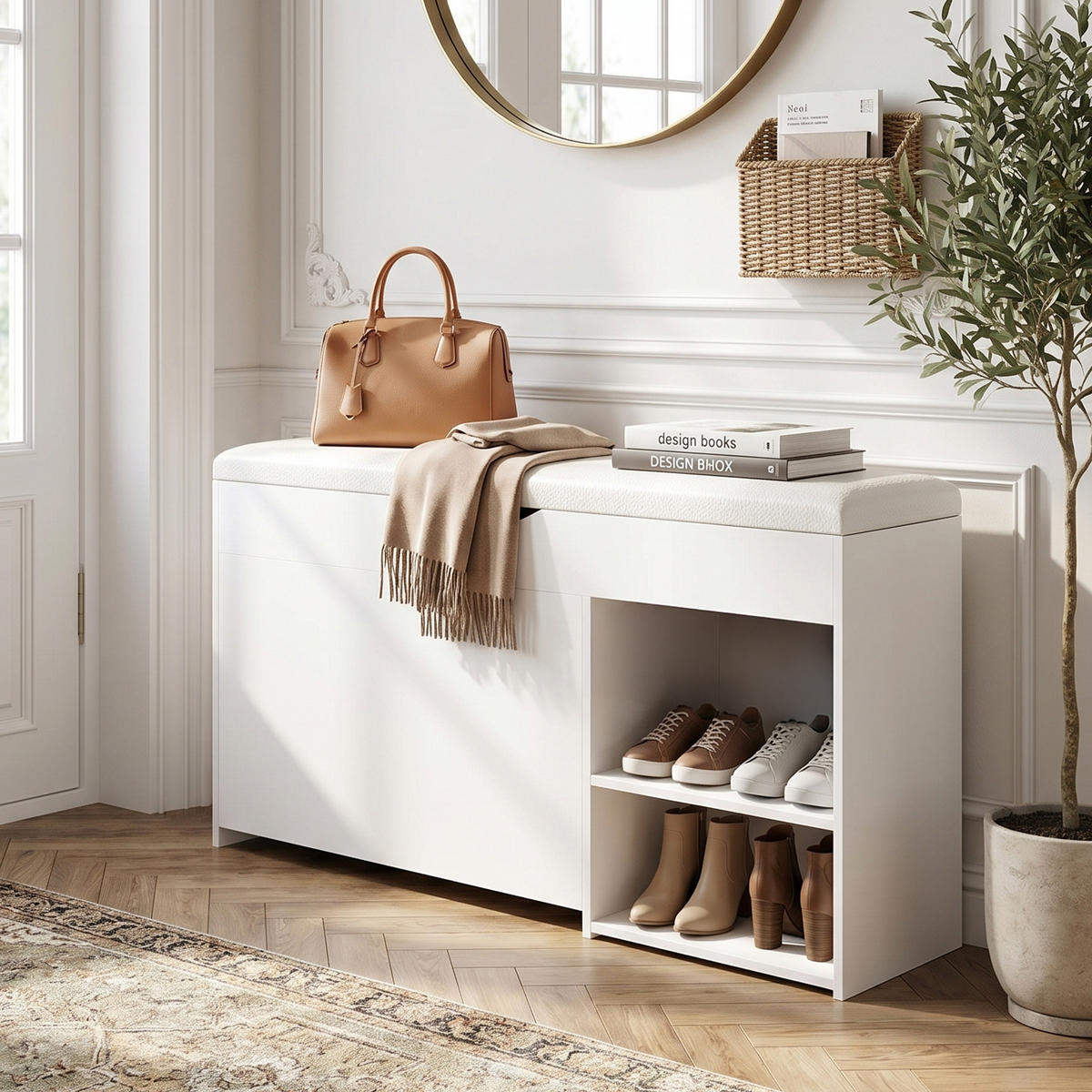 SCHUHBANK weiß & pu-leder, mit staufach & gepolsterter sitzfläche - Weiß, Holzwerkstoff (100/52/30cm) - Urban Meuble
