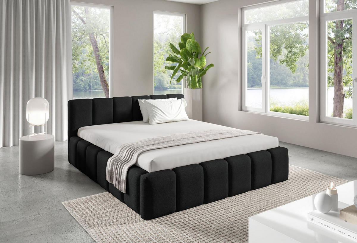 POLSTERBETT KALLA Medium 140x200 cm mit Bettkasten – QUELLE 100 - Schwarz, Holz (140/200cm) - Dekori_Interiors