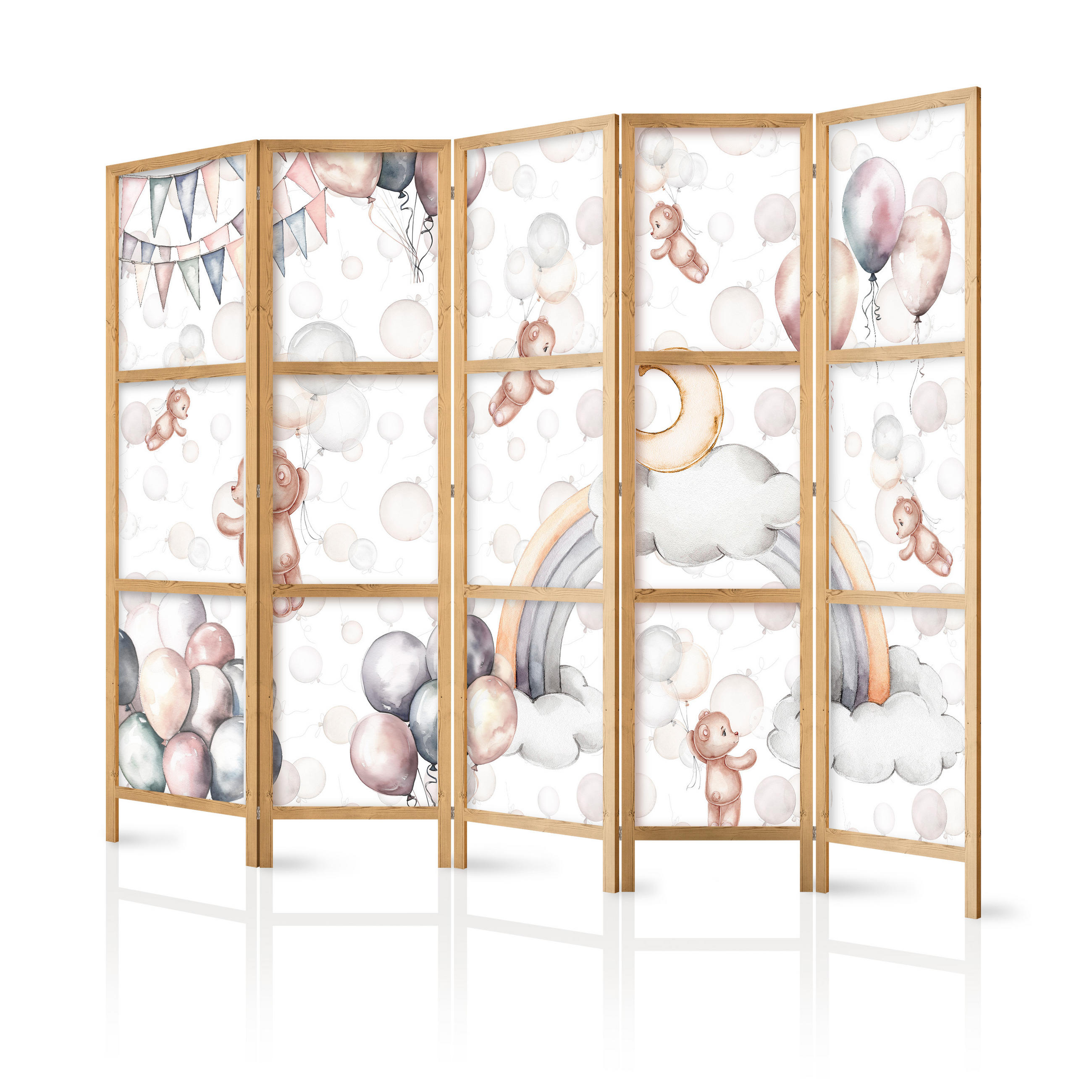 PARAVENT Japanischer 5-tlg 225x172 cm Teddyb ren Und Ballons - Multicolor, Holz/Textil (225/172/3cm) - Muralo