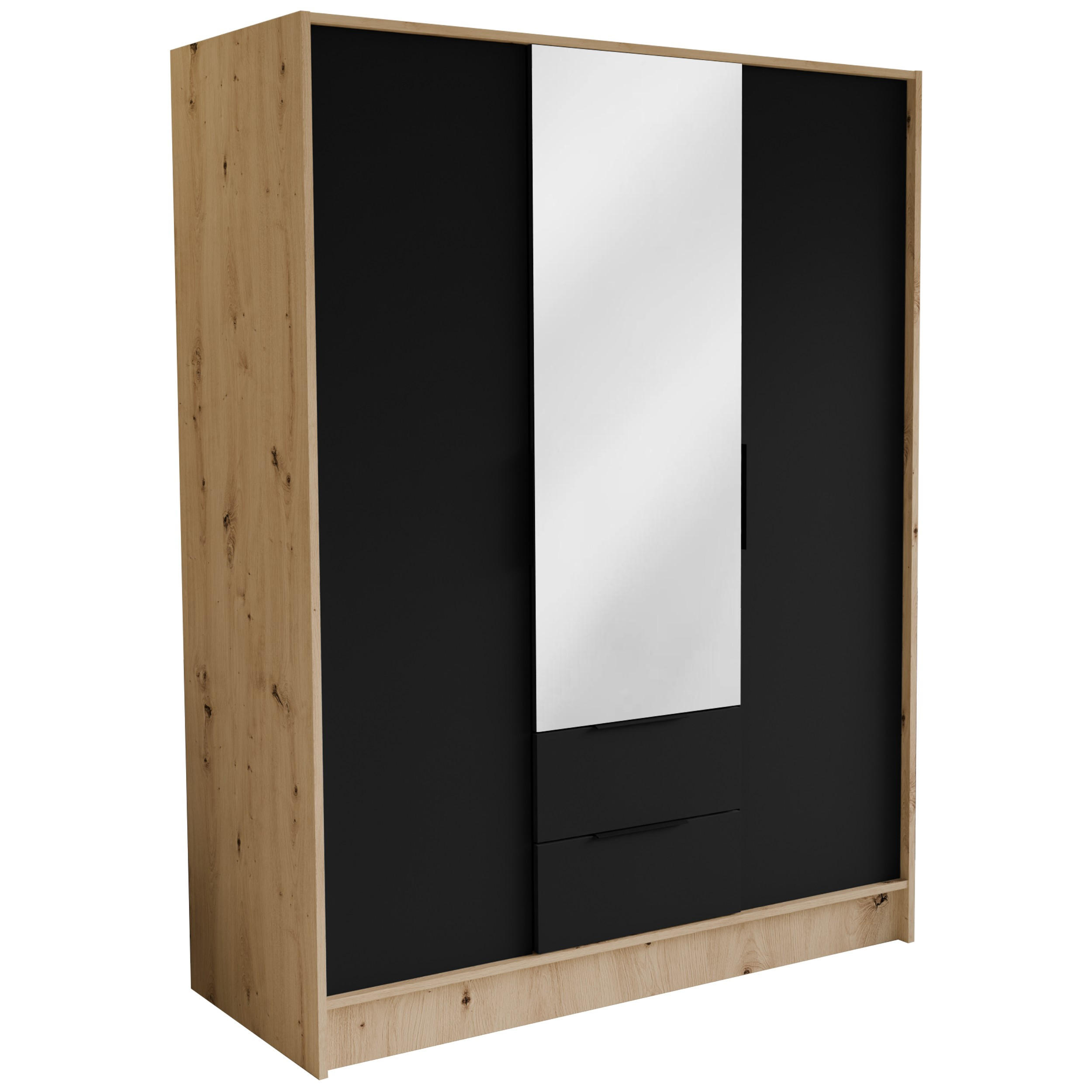 DREHTÜRENSCHRANK CAVA 150,5/200/51 cm Modern Kleiderschrank 3-türig mit Spiegel Eiche Artisan - Schwarz/Eiche Artisan, Holzwerkstoff (150.5/200/51cm) - MASSENO