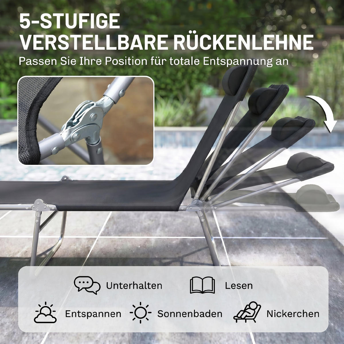 SONNENLIEGE klappbar Gartenliege mit Kopfkissen 5-Fach Campingliege 120kg Schwarz - Schwarz, Metall (182/28/56cm)