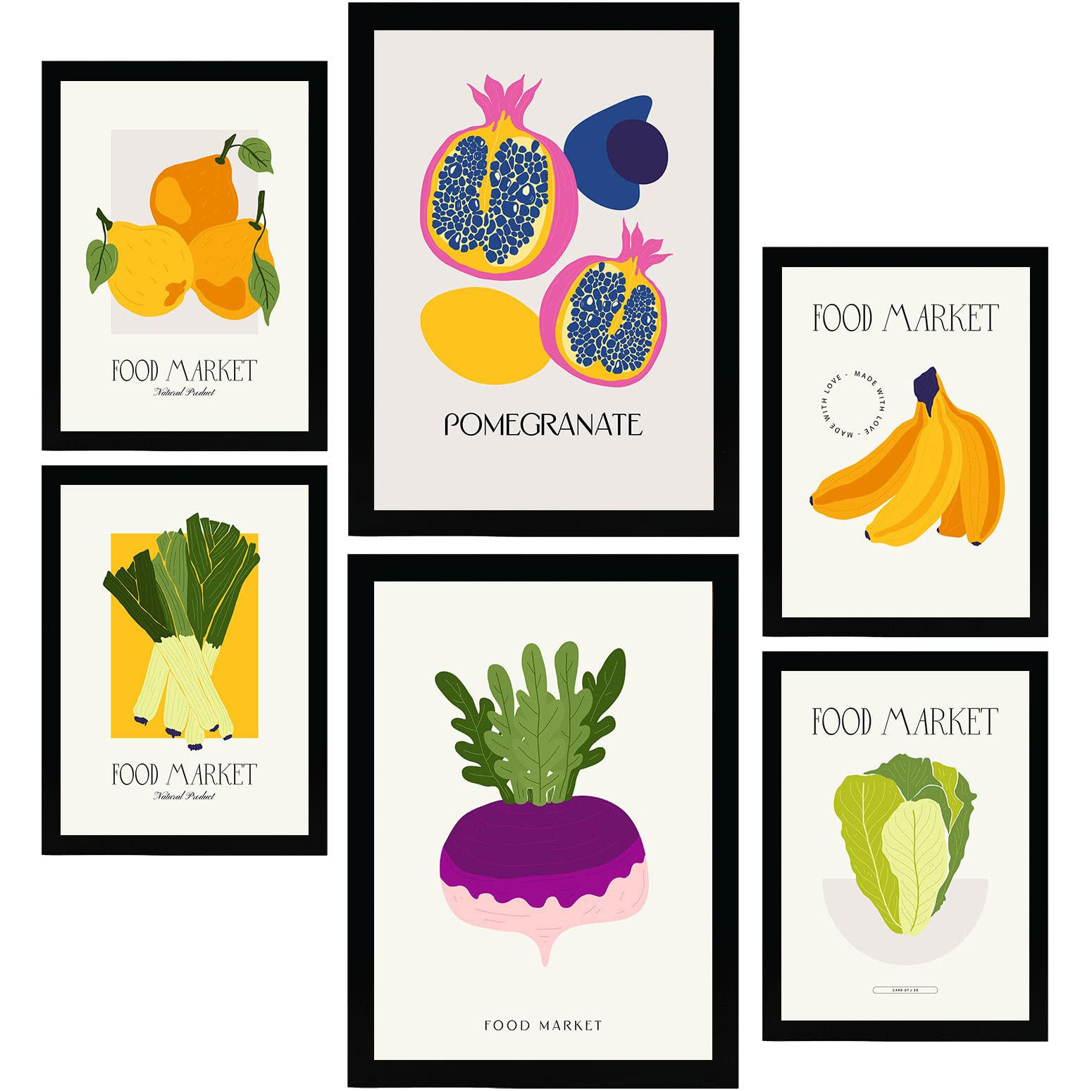POSTER Set Mit 6 Lebensmittel Und Ernährungs Früchte Und Gemüse Natur Und Botanikdrucke Für Innenarchitektur A3 & A4 Schwarzer Rahmen - Schwarz, Papier (29/3cm) - Nacnic